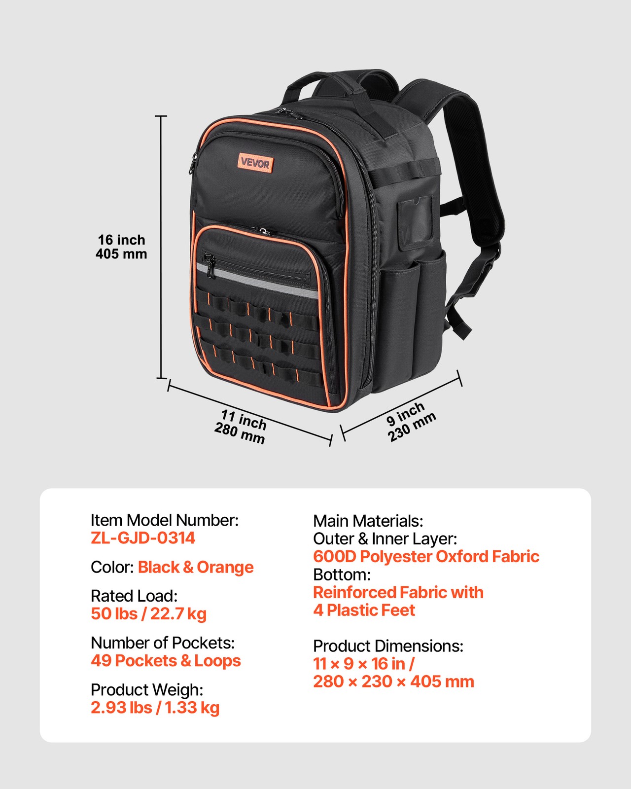 VEVOR Tool Backpack 49 Pockets Tear-resistant Jobsite Backpack for Electrician