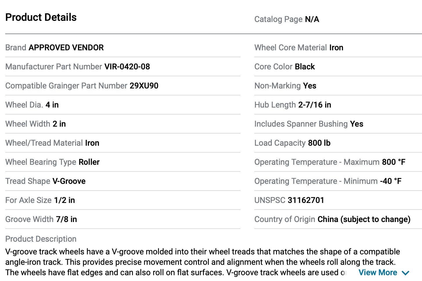 Grainger Iron V-Groove Track Industrial Cart Wheel 4" 29XU90 800lb Cap 0420-08