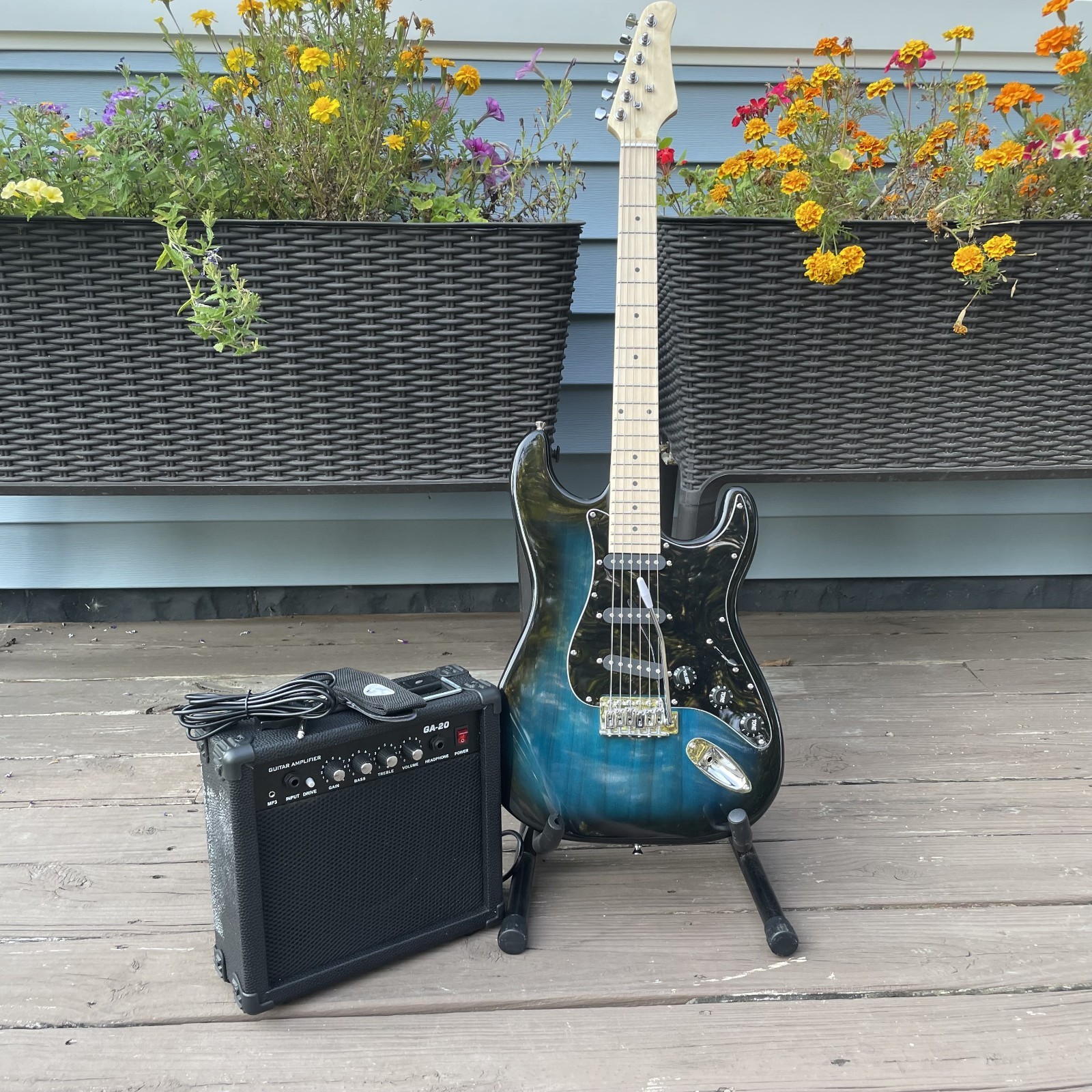 Blue Electric Guitar Starter Package with 20-Watt Amp and Accessories Full-Size