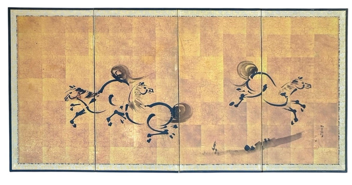 Byobu Horse Art Folding Screen Asian Ink Painted Spirited Horses 4 Panel