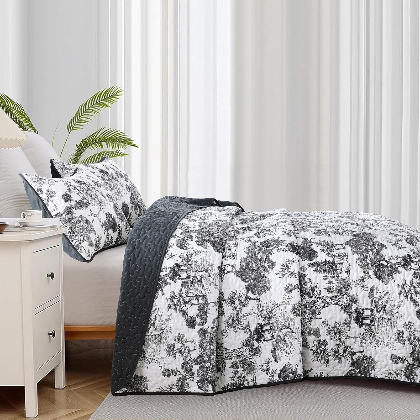WONGS BEDDING Botanical Quilt Set Full Size, Black 3 Pieces Toile Floral Plants