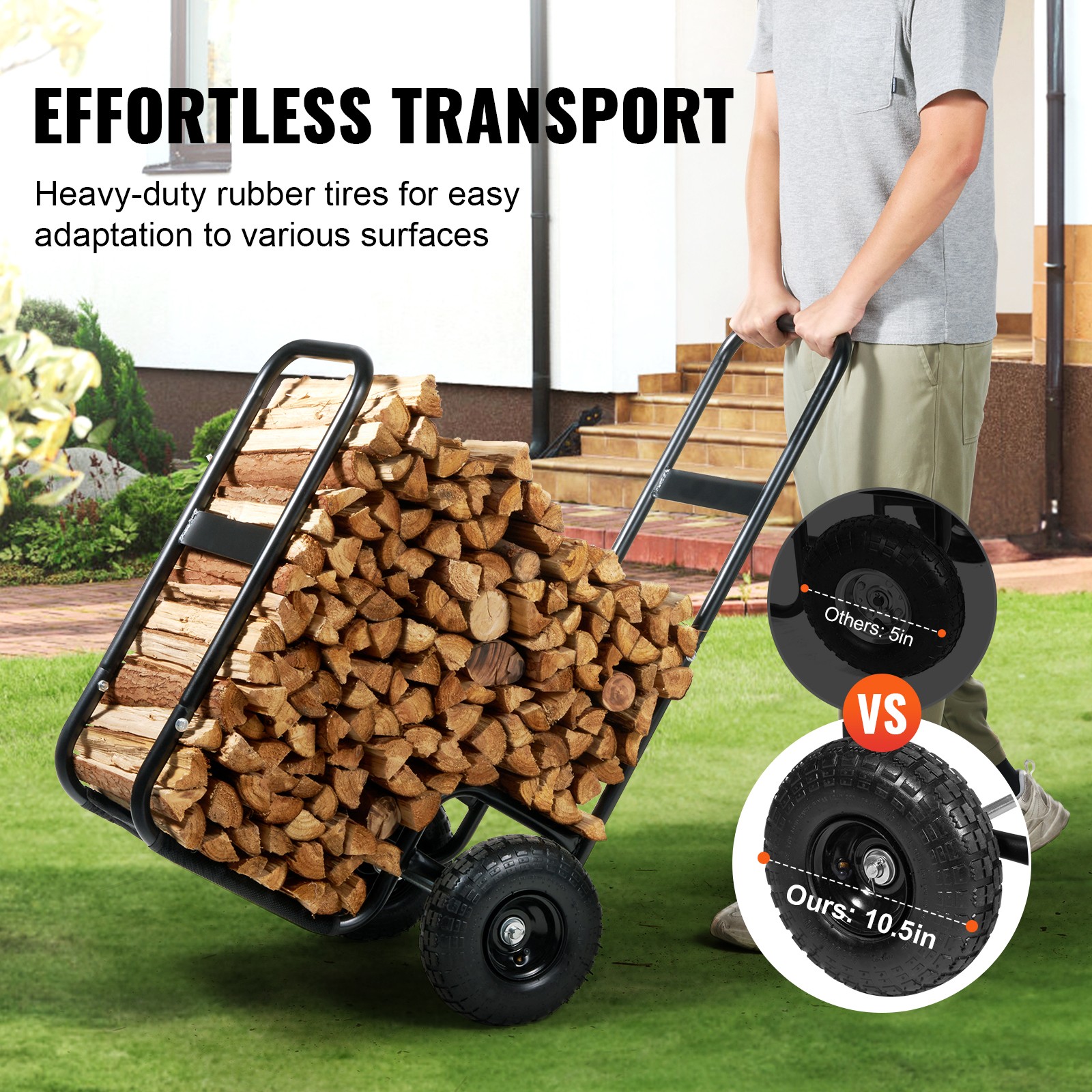 Firewood Log Cart Wood Mover Hauler 250lbs Capacity on Rubber Wheels Dolly