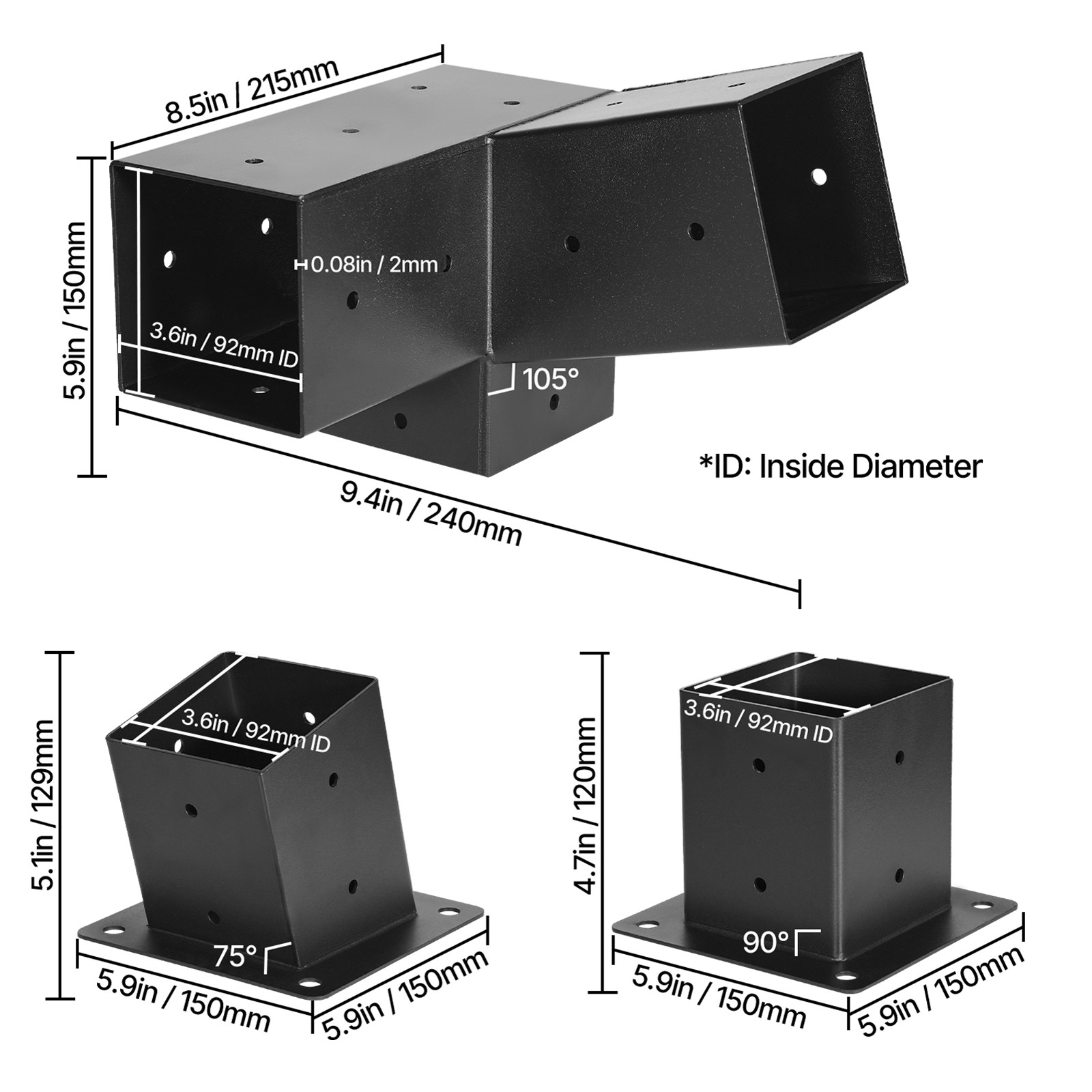 4x4 Inch Pergola Bracket Kit Inner 3.5x3.5 3-Way Slanted Brackets DIY Post