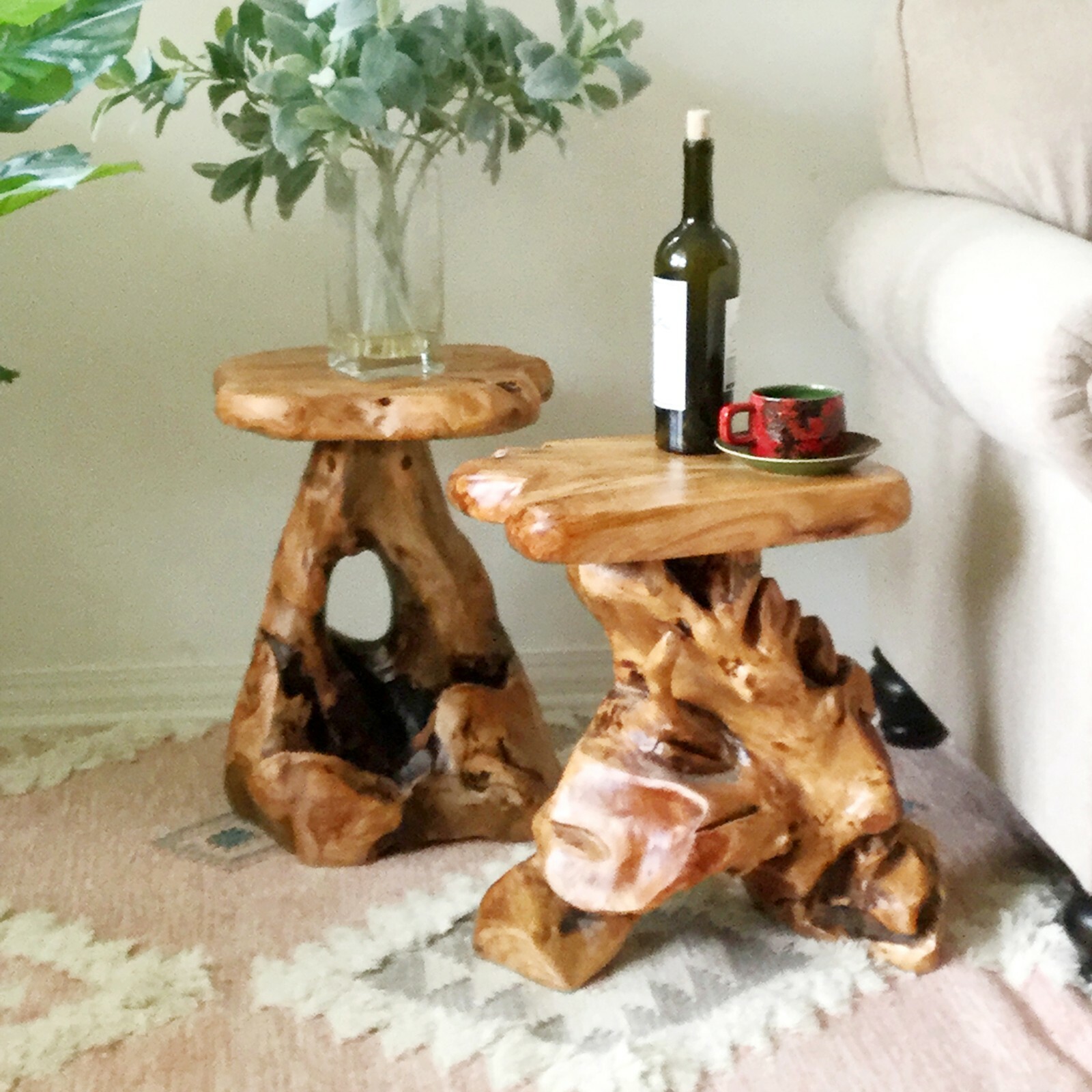 Rustic Cedar Roots Flower Stand Stool, Tree Stump Stool Side Table 19.5" H