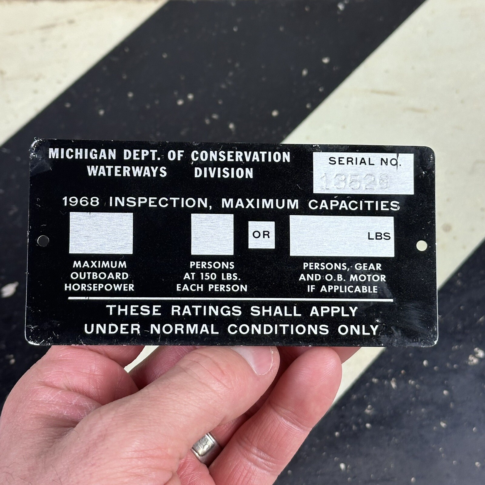 Vintage 1968 Michigan Boat Inspection Tag Metal License Plate Max Passengers Sig