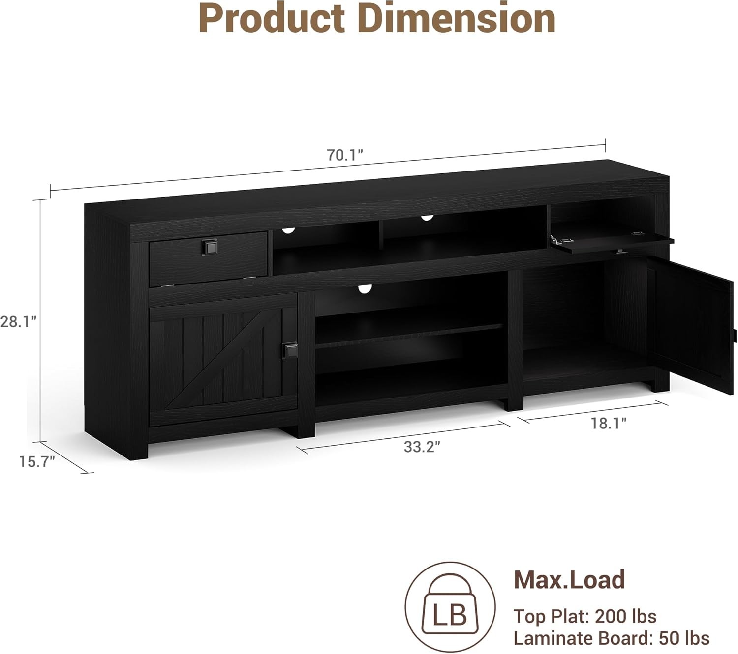 Farmhouse TV Stand for 80 in TVs, 70" Wide Entertainment Center with 4 Drawers