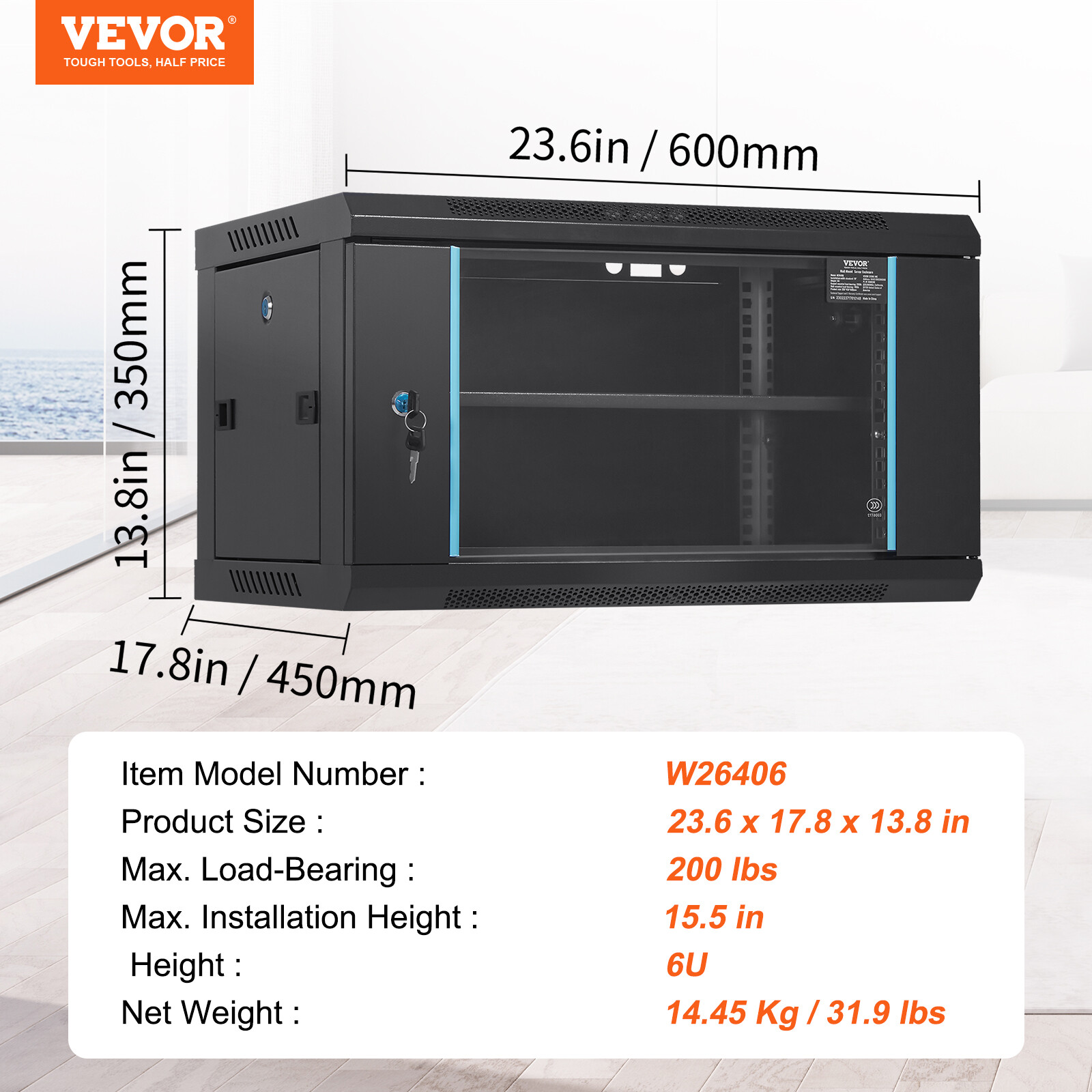 VEVOR 6U Wall Mount Network Server Rack Cabinet Enclosure 15.5'' Deep Door Lock