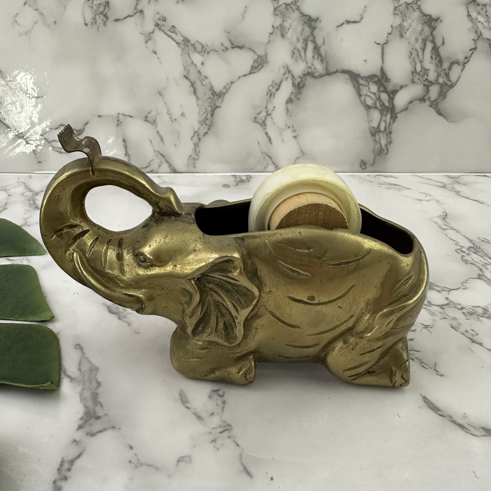 Vintage 80s Brass Elephant Stapler Tape Dispenser Set Desk Decor Metal Novelty