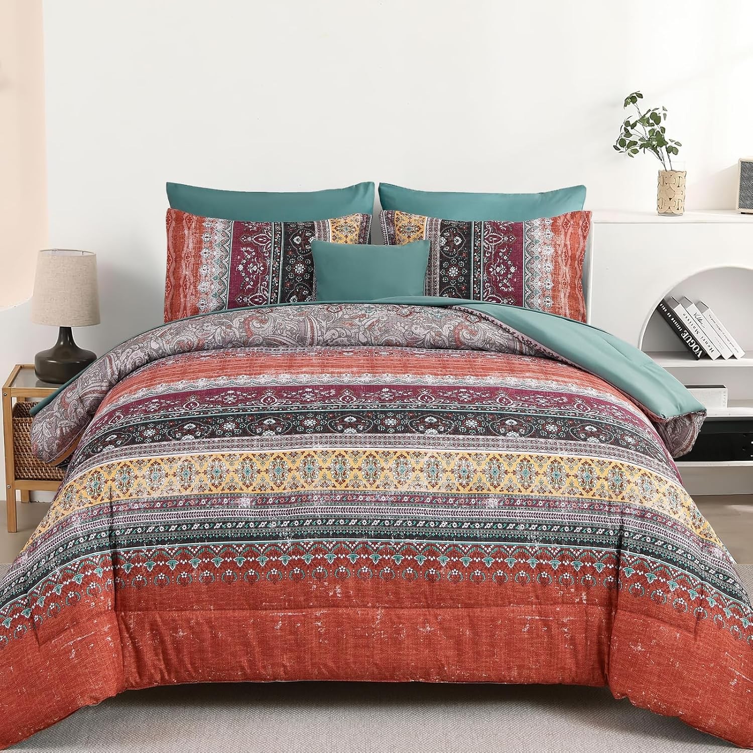 Boho Comforter Set Paisley Floral Striped Microfiber All Seasons 8-Pcs in a Bag