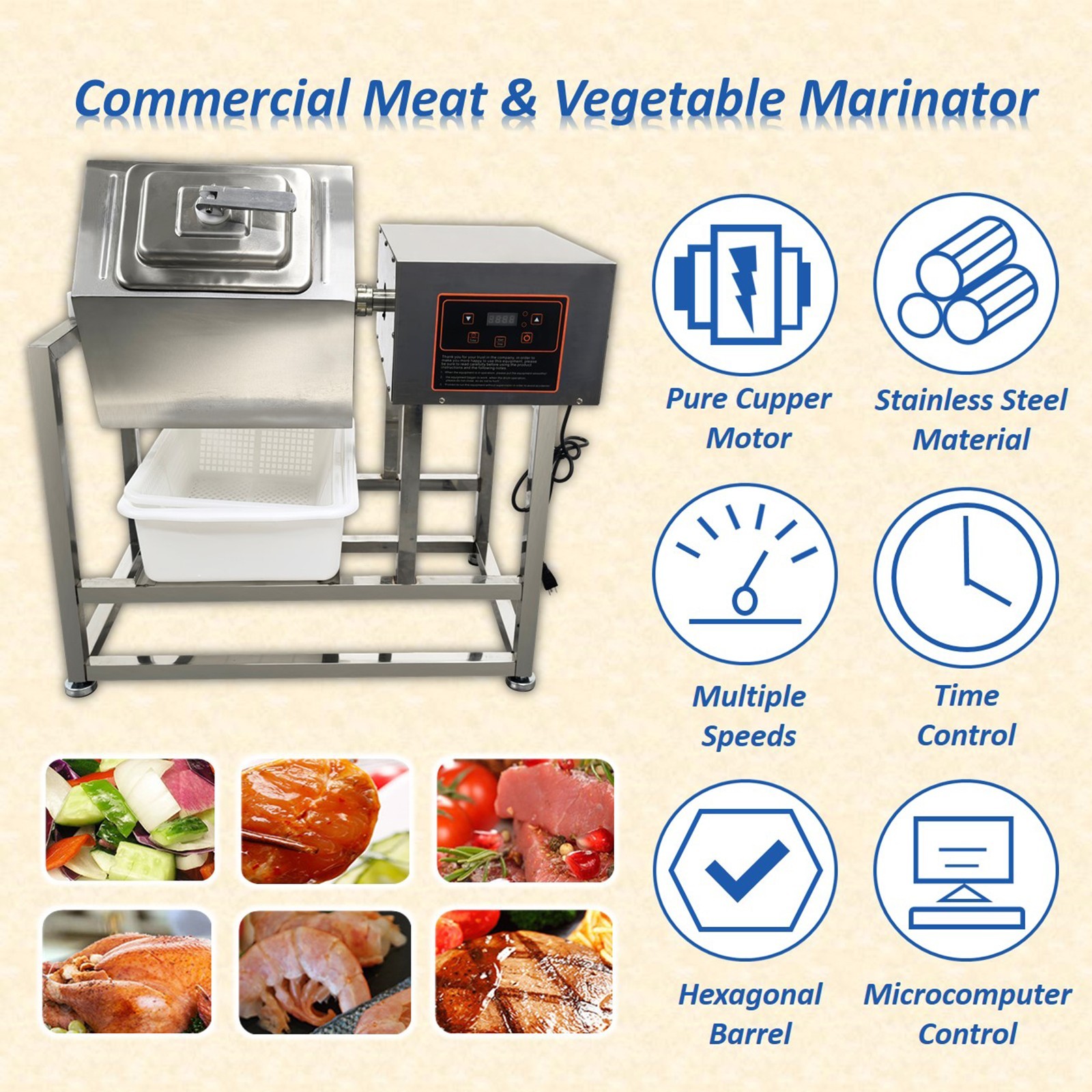 70L Commercial Meat Vegetable Tumbler Marinator Hexagonal Stainless Steel 110V