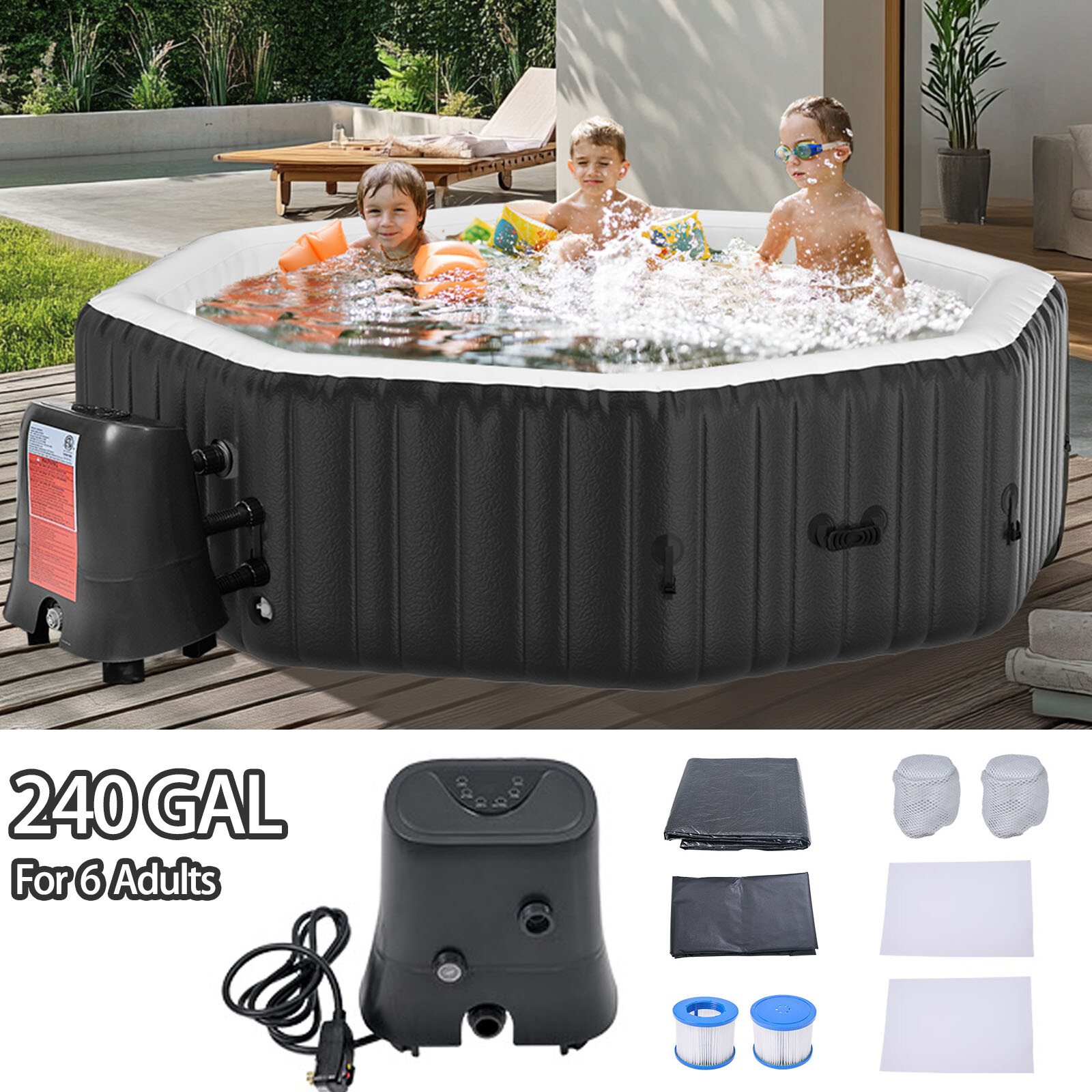 SLSY Octagon 6 Person Inflatable Hot Tub Spa with 130AirJets and Insulated Cover