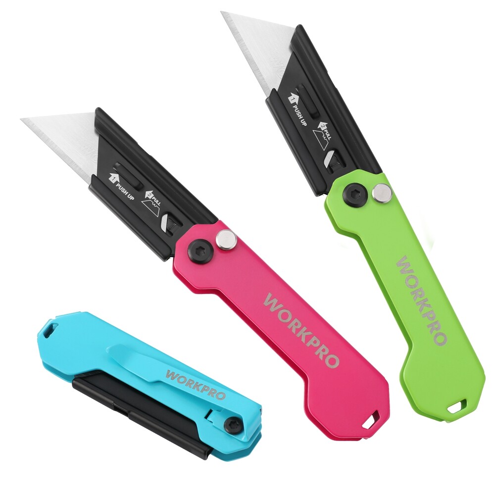 WORKPRO 3-Pack Folding Utility Knife Set Quick Change Blade Box Cutter EDC Knife