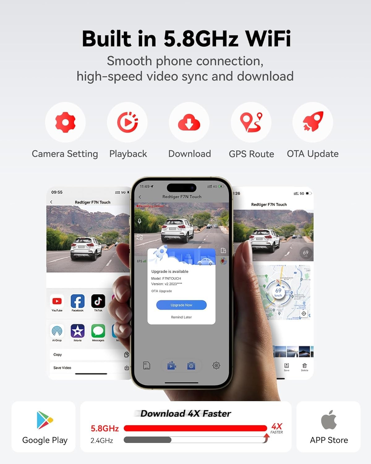 REDTIGER FTNT 128GB Card Voice Control 4K Dash Cam Front and Rear, Touch Screen