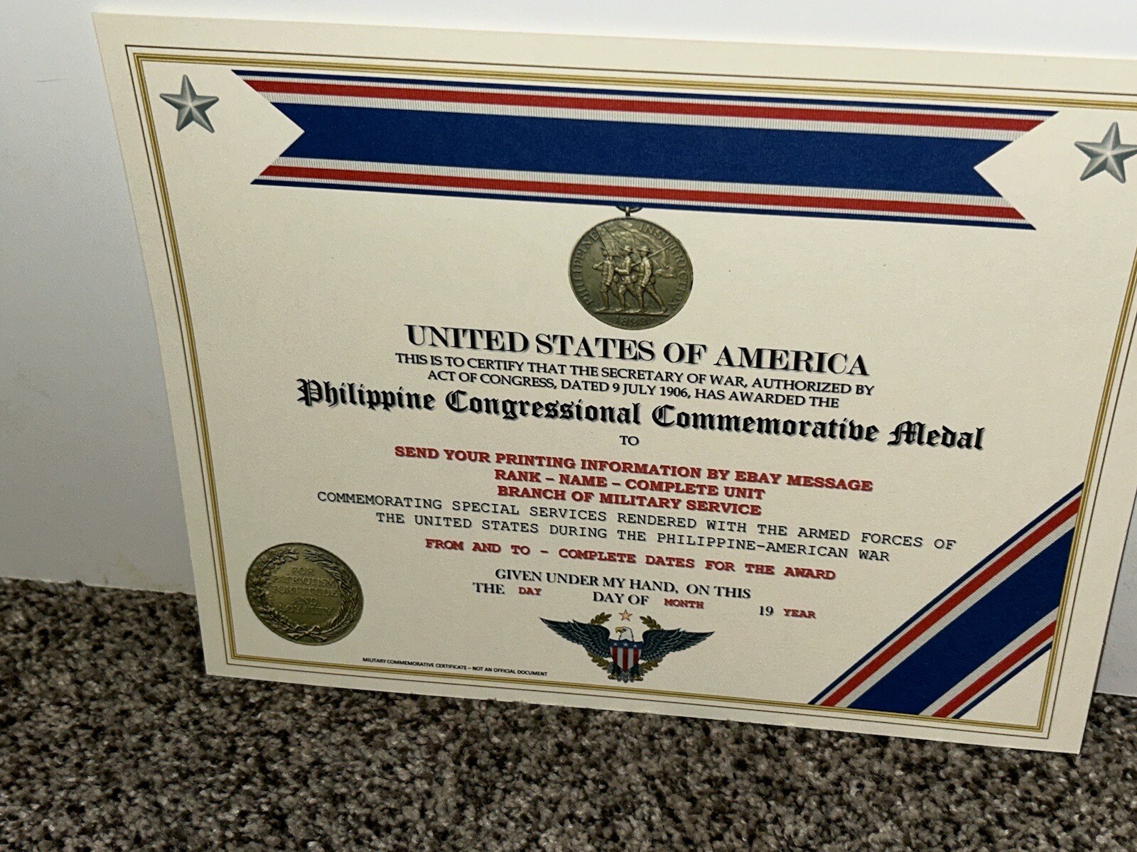 PHILIPPINE CONGRESS COMMEMORATIVE MEDAL CERTIFICATE ~ W/PRINTING TYPE-1