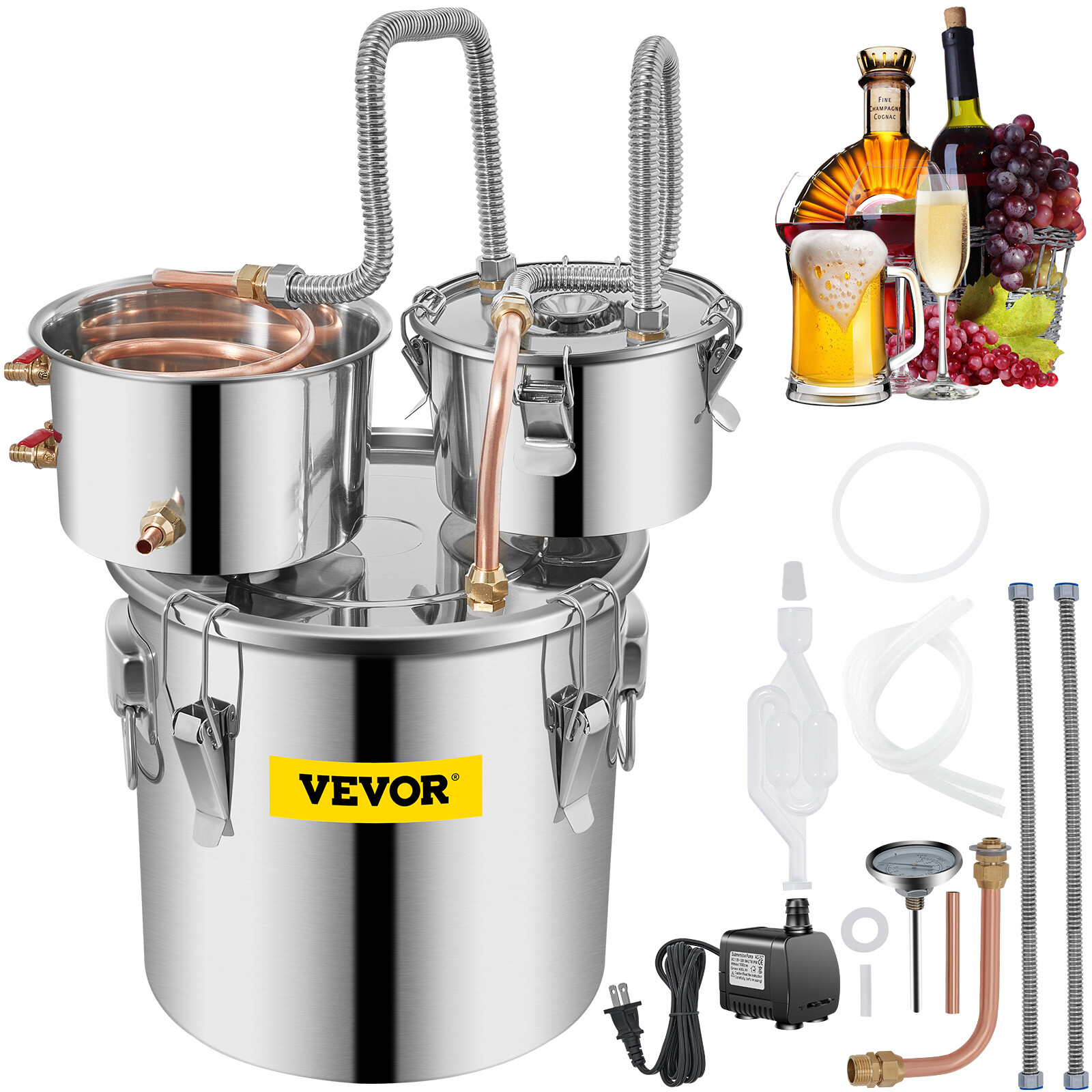 VEVOR Alcohol Distiller 3Gal/12L Alcohol Still Home Brew Wine Making Kit 3 Pot