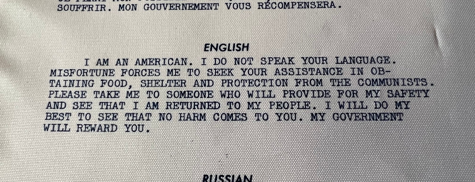 USAF/ USN SURVIVAL BLOOD CHIT FAR EAST XM-51-2- 10 LANGUAGE