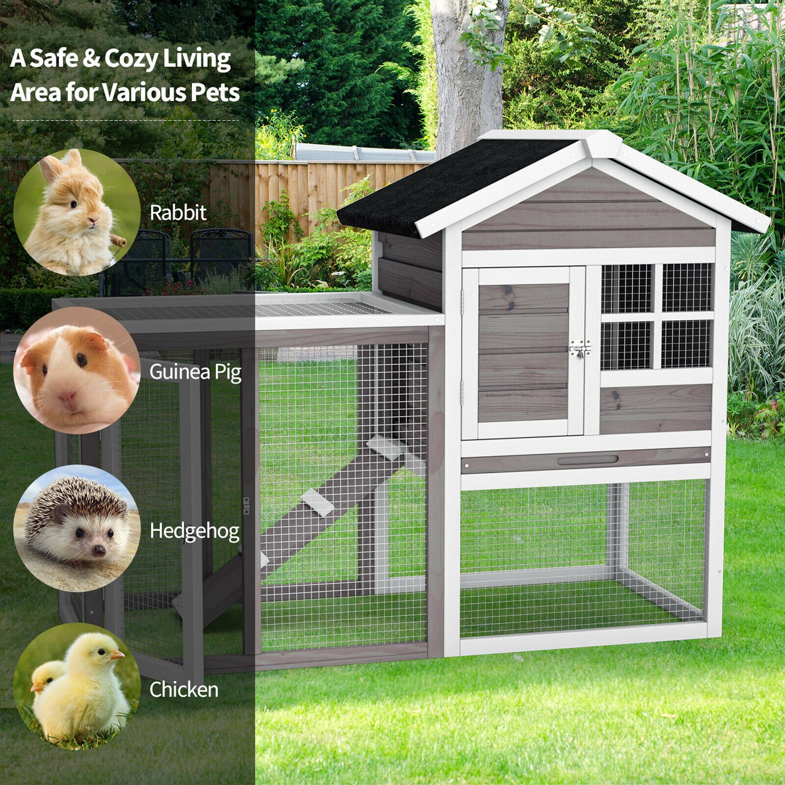 Wooden Chicken Coop Outdoor & Indoor Small Rabbit Hutch w/ Run Grey