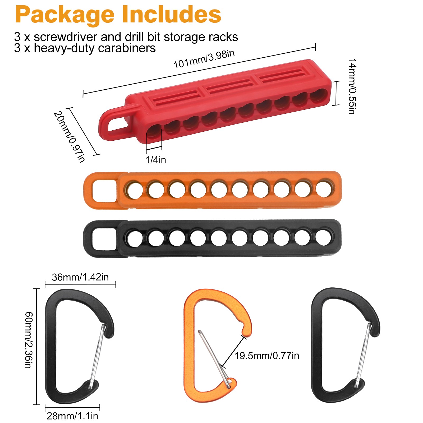 3pcs 1/4" Hex Screwdriver Bit Organizer Holder with Carabiner 10-Hole Bit Holder