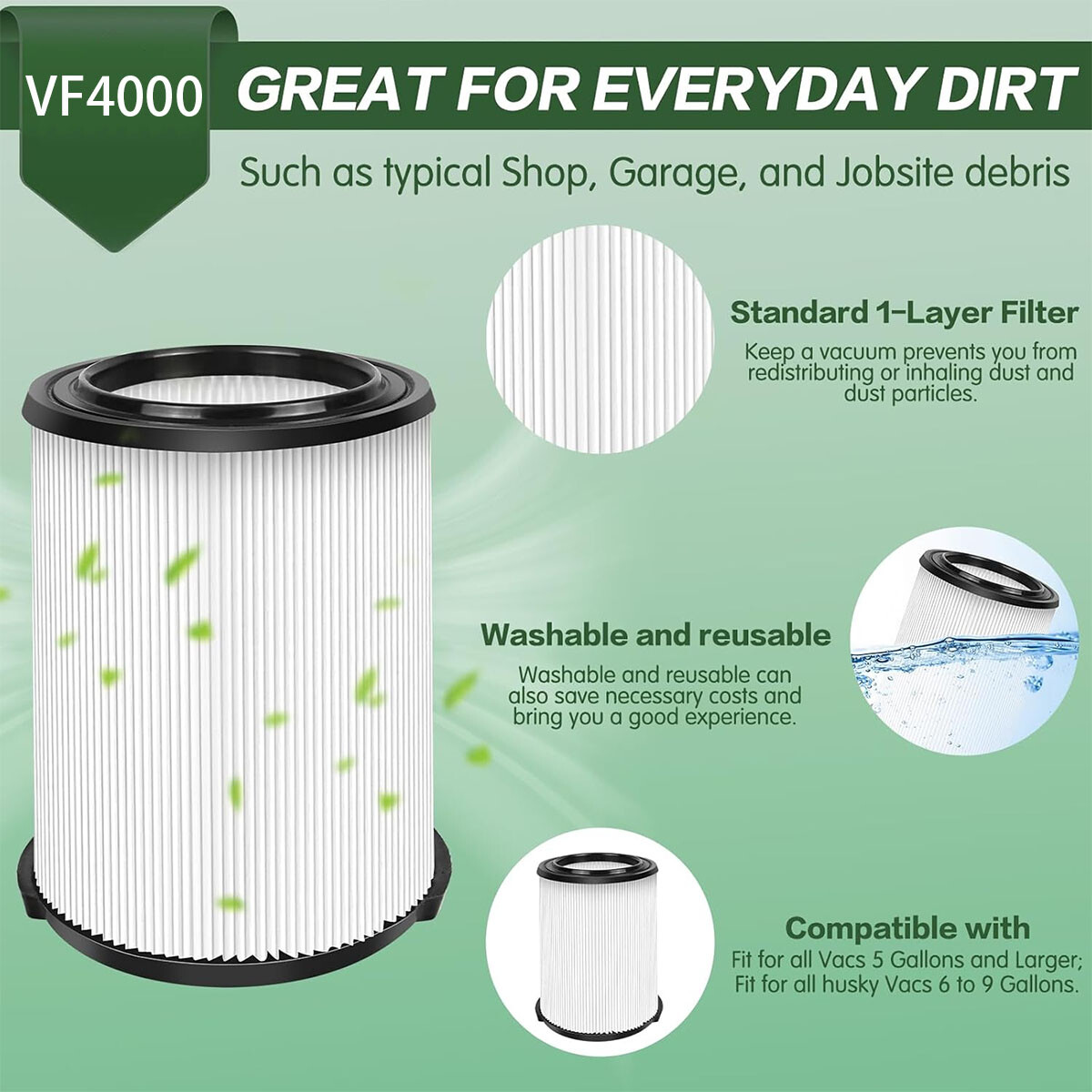 1x VF4000 Replacement For RIDGID Washable Vacuum Garage Shop Vac Pleated Filter