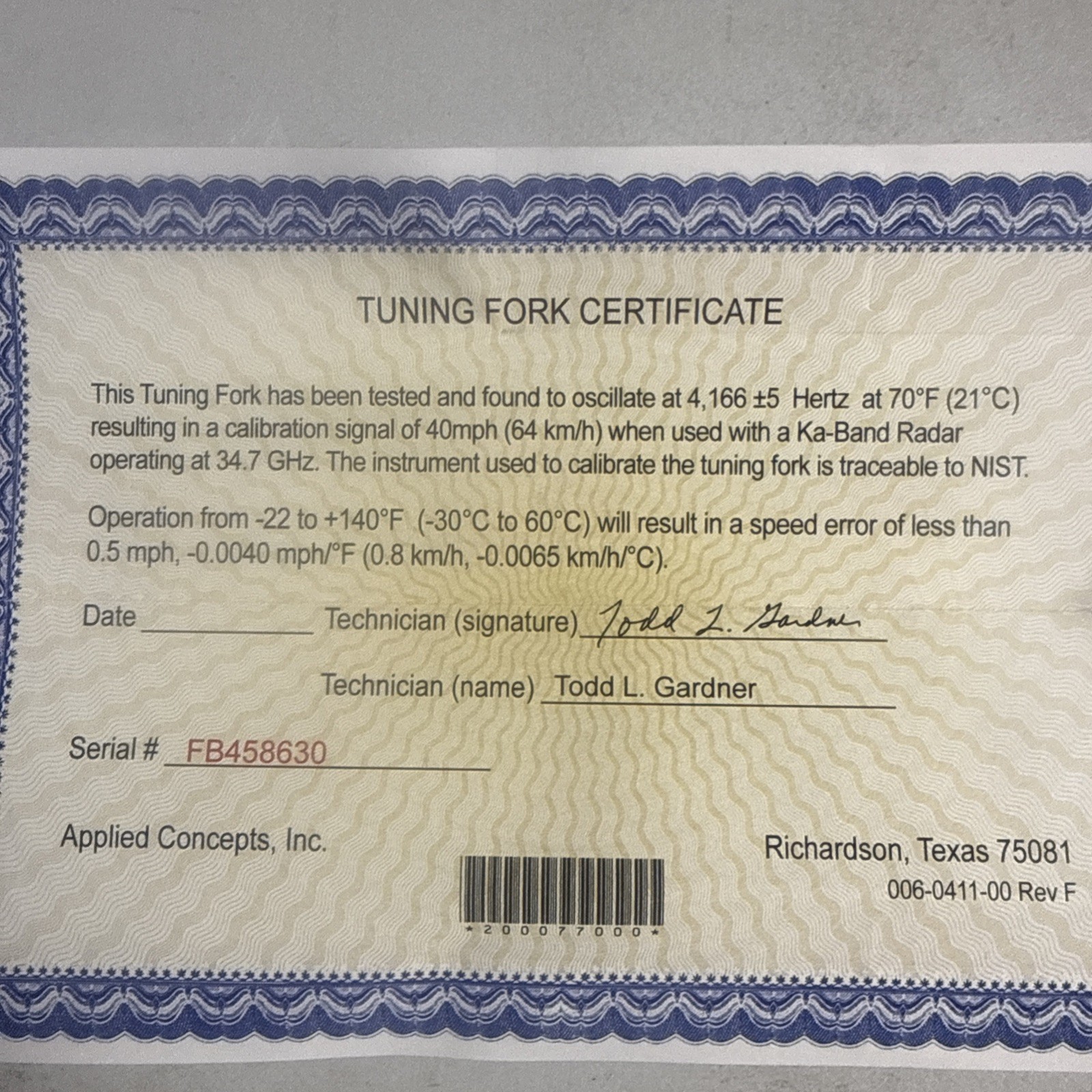 Ka-Band Radar Tuning Fork 40.25 MPH 64.78 KPH 34.7 GHZ