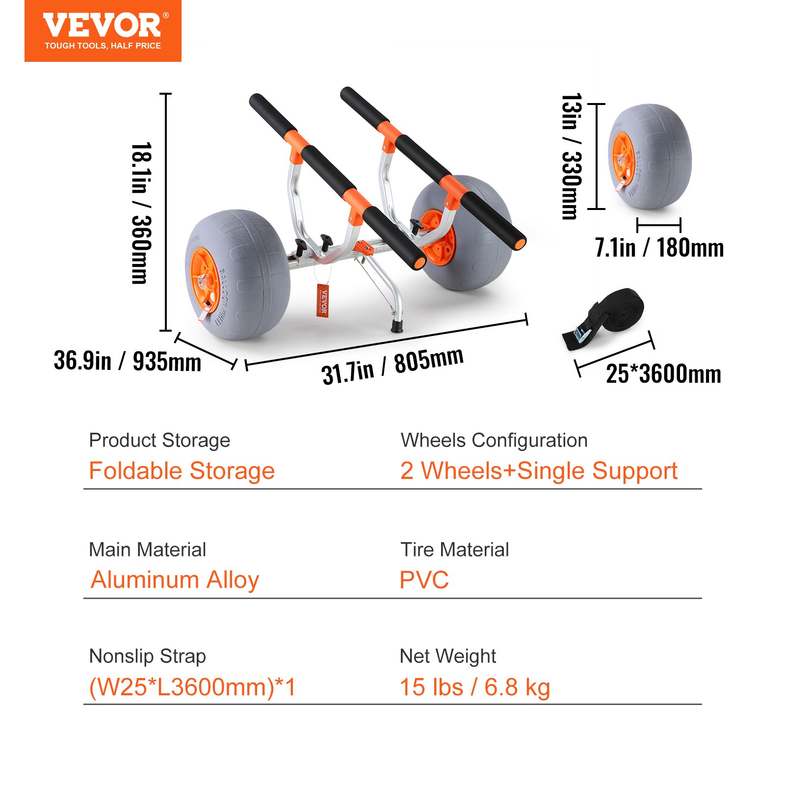VEVOR Adjustable Kayak Cart Canoe Carrier 350lbs Load with 12'' Tires Foldable