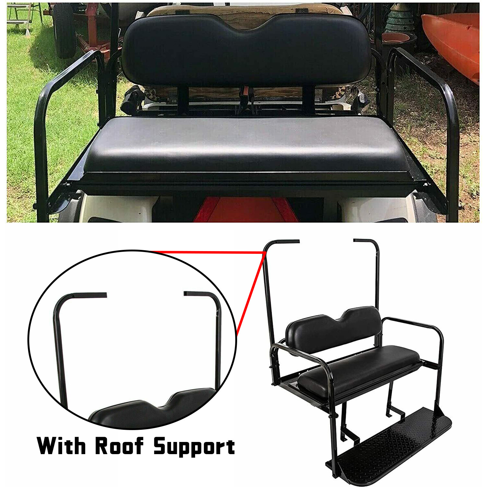 For EZGO TXT Golf Cart Flip Folding Rear Back Seat with Roof Support Kit - Black