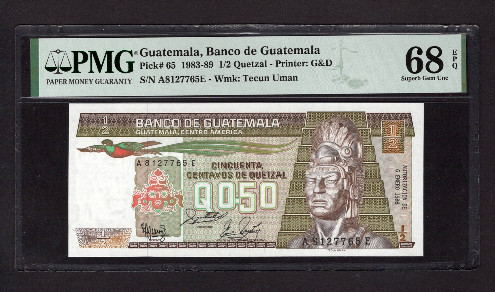 Guatemala 1/2 Quetzal 6-1-1988 P65 Uncirculated Grade 68 Top Pop