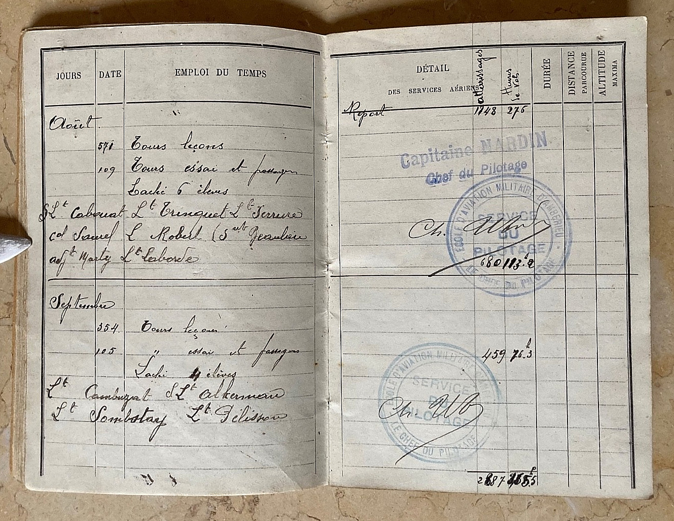 WW1 FRENCH PILOT'S FLIGHT LOG BOOK SIGNED BY (TRAINER OF GUYNEMER) CAPT. NARDIN