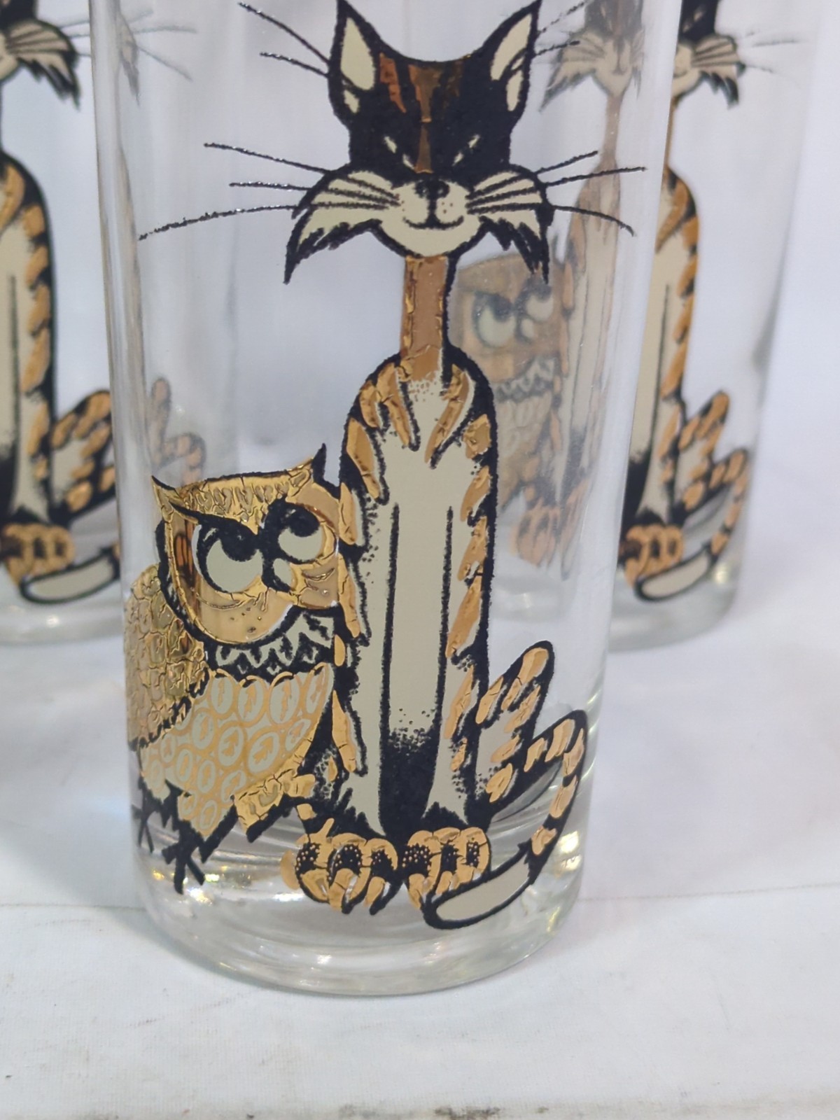 Vintage Culver 22K MCM Mid-Century Modern cat and Owl High ball glass set of 8