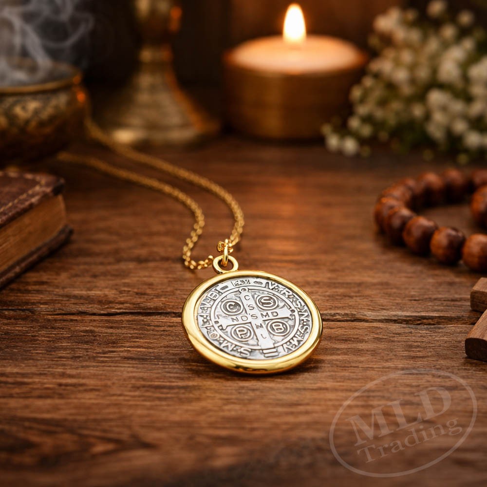 Saint St Benedict Medal Pendant Necklace – Gold Tone Border – 18”+2” Link Chain