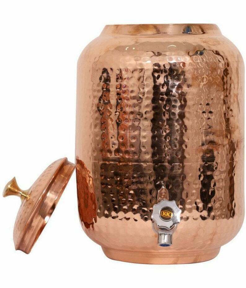 100% Pure Copper Dispenser Handmade Water Pitcher Pot 4L With 2 Serving Glass