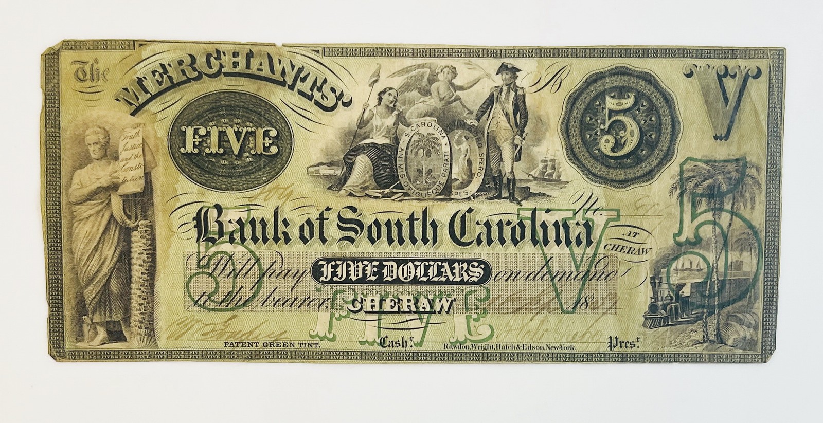 Bank of South Carolina Cheraw $5 Obsolete Banknote Haxby SC-65 G4 Fine