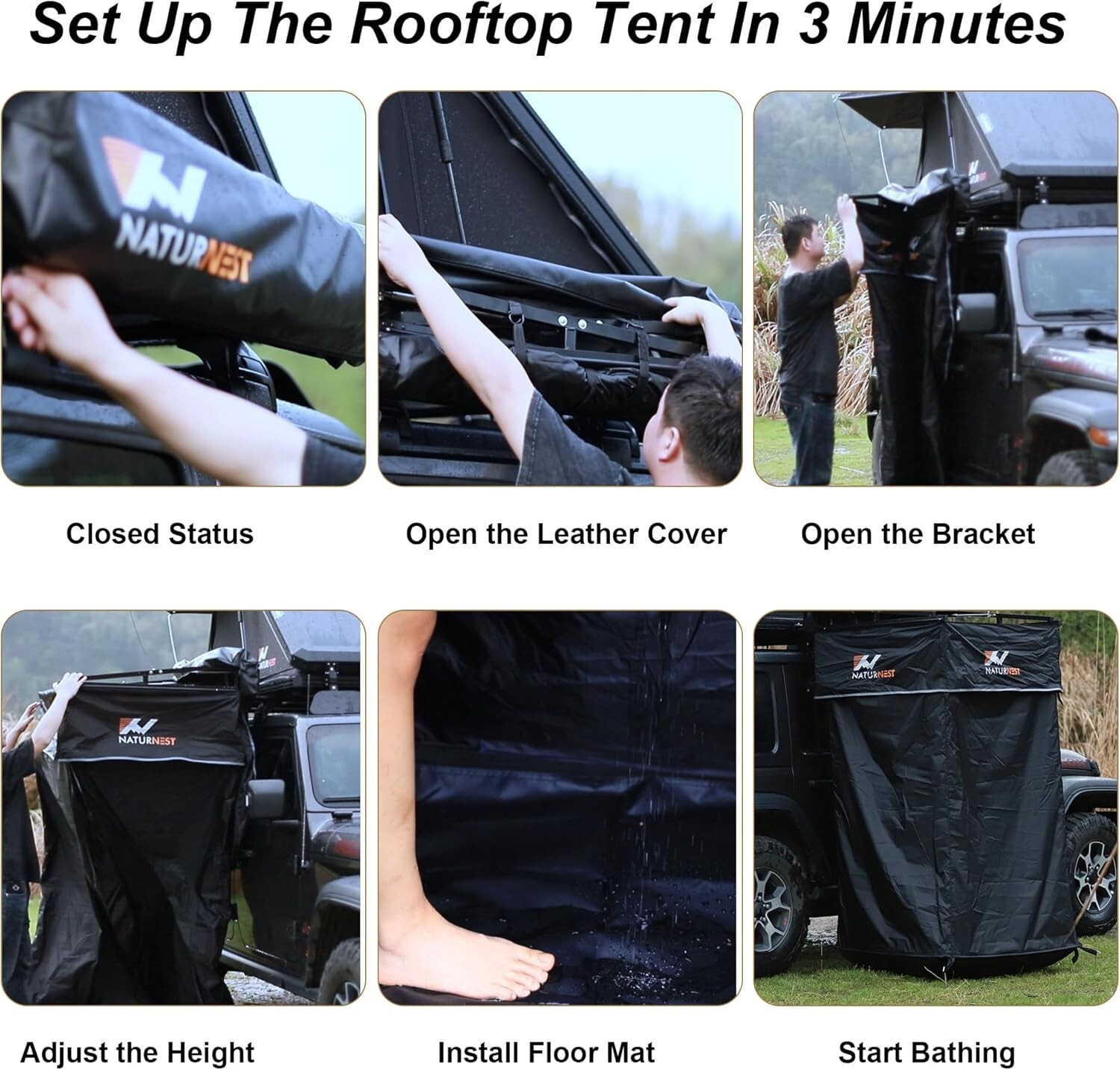 Naturnest Car Camping Shower Tent Overland Shower Awning with Roof LED Floor Mat