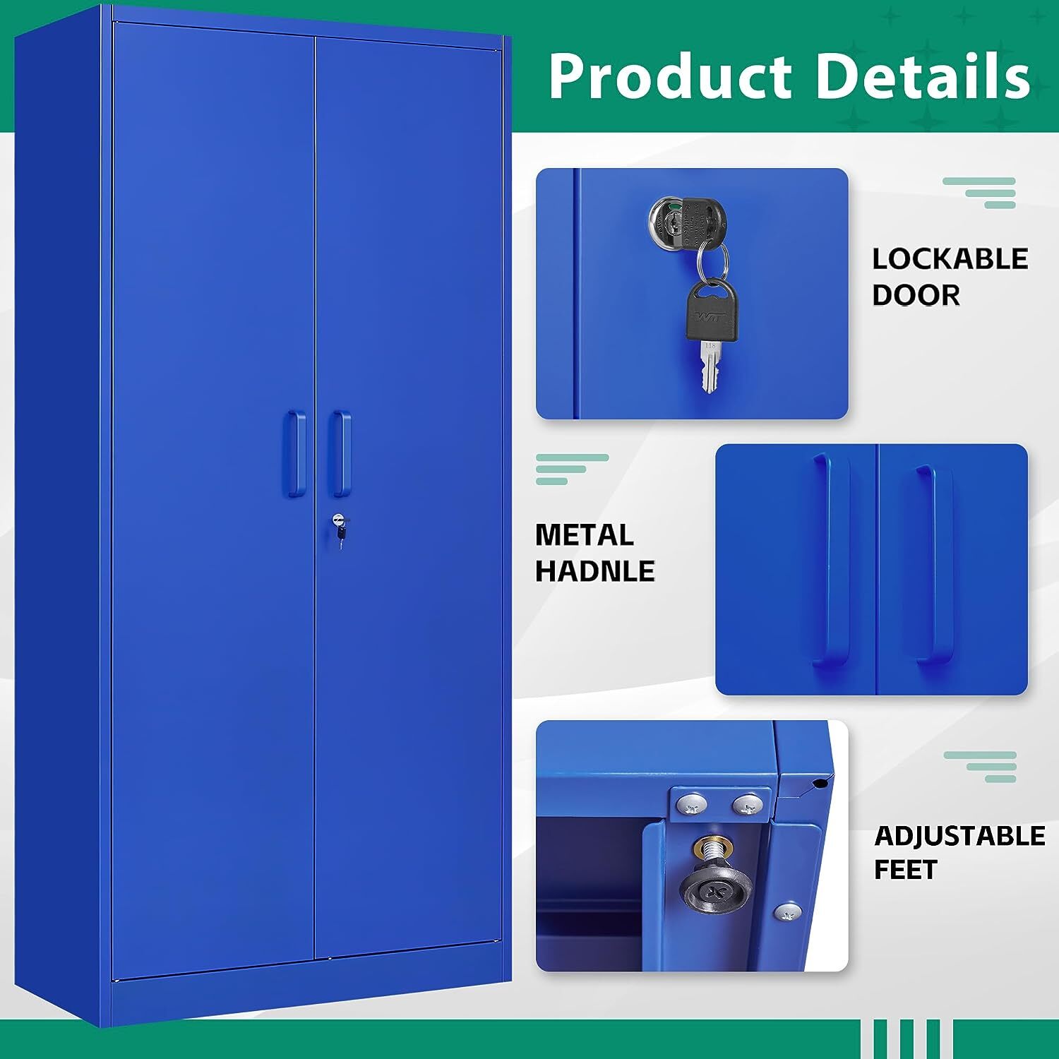 71" Metal Storage Cabinet with 4 Adjustable Shelves and Locking Door Home Garage