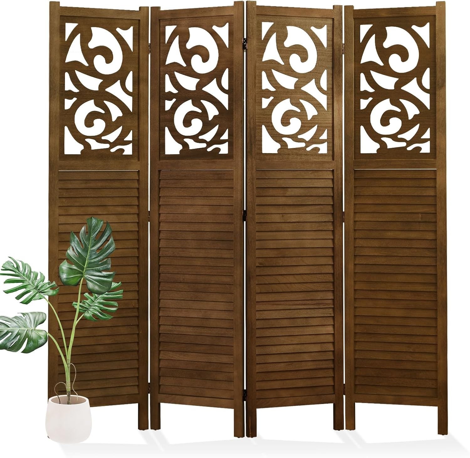 Folding Room Divider, 5.6Ft 4 Panels Wood Carved Privacy Screens,Partition