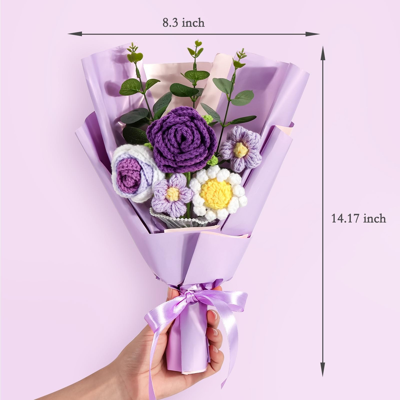 Omldggr Crochet Flowers Bouquet, Knitted 14 x 7.8 x 2.4 inches, Purple-rose