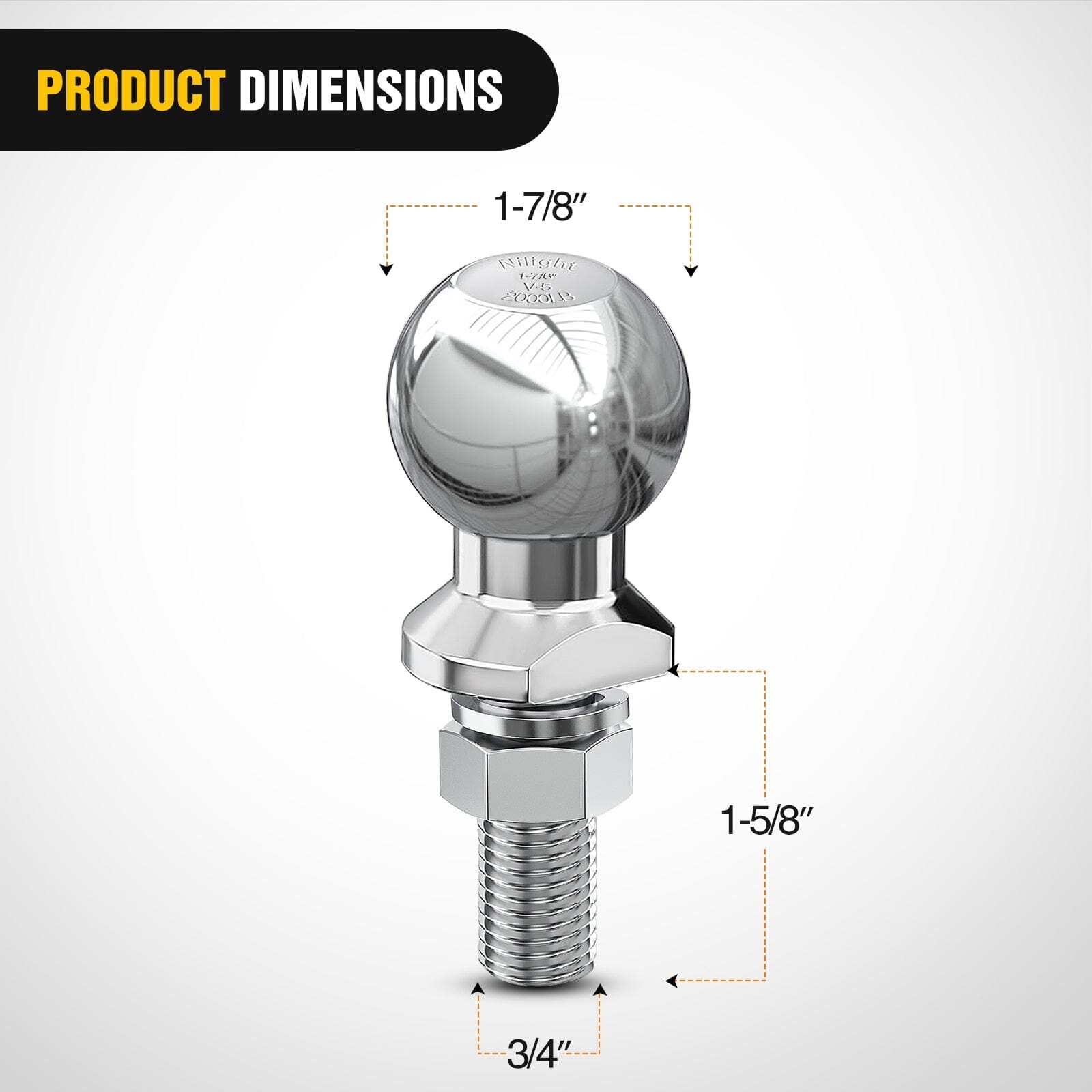 Nilight 1-7/8-Inch Diameter Chrome Trailer Hitch Ball 1 x 1-5/8-Inch