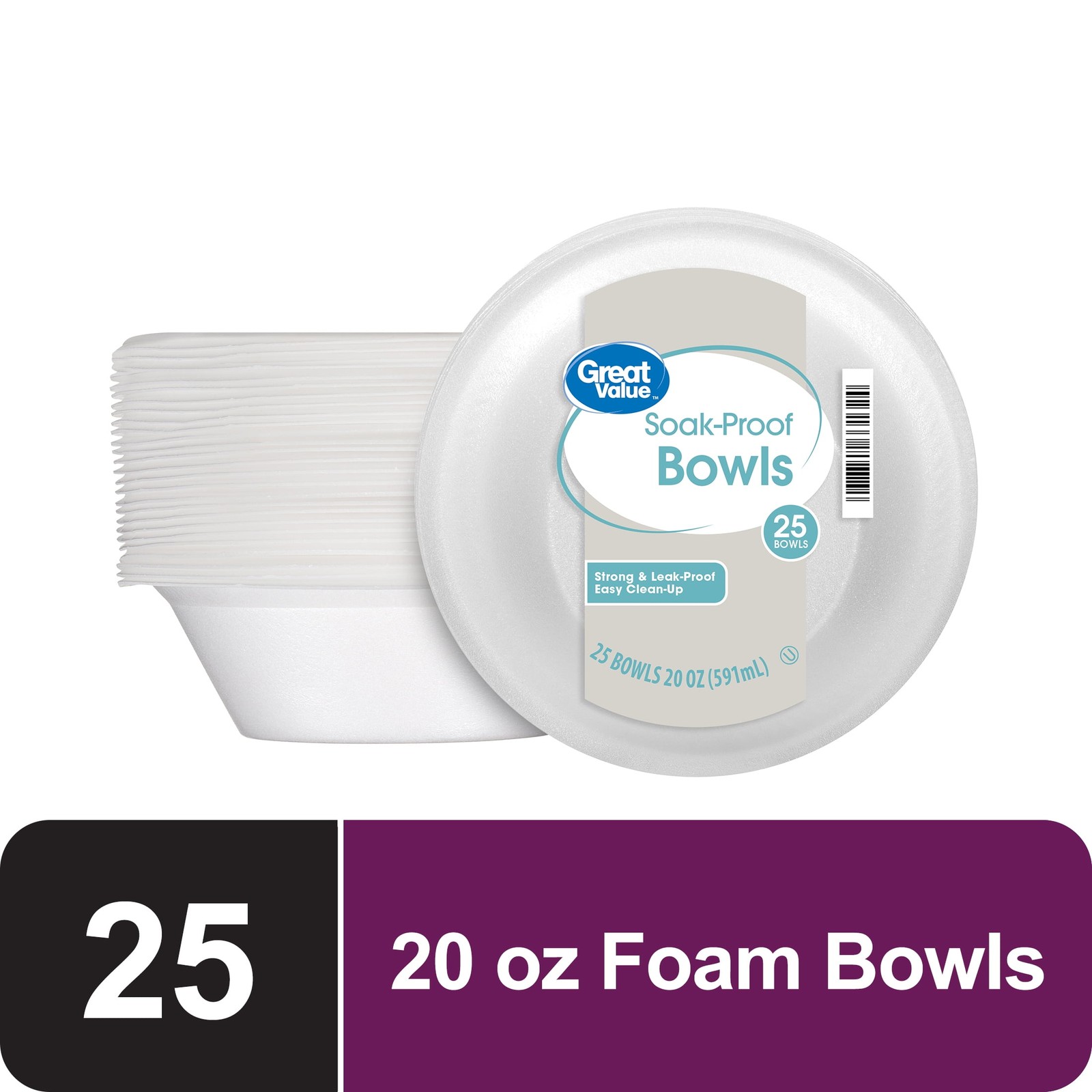 (4 pack) Great Value Everyday Disposable Foam Bowls, 20 oz, 25 Count