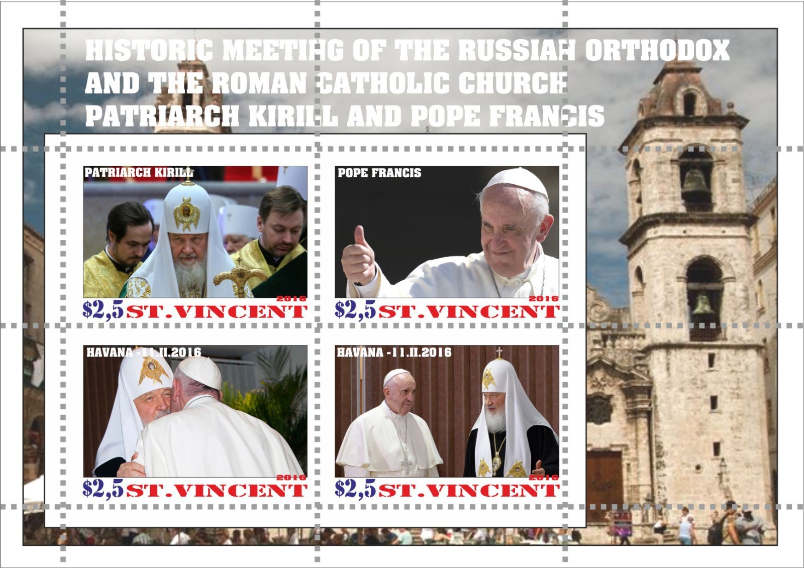 Stamp block Saint Vincent Historic Meeting of Pope Francis and patriarch Kiril