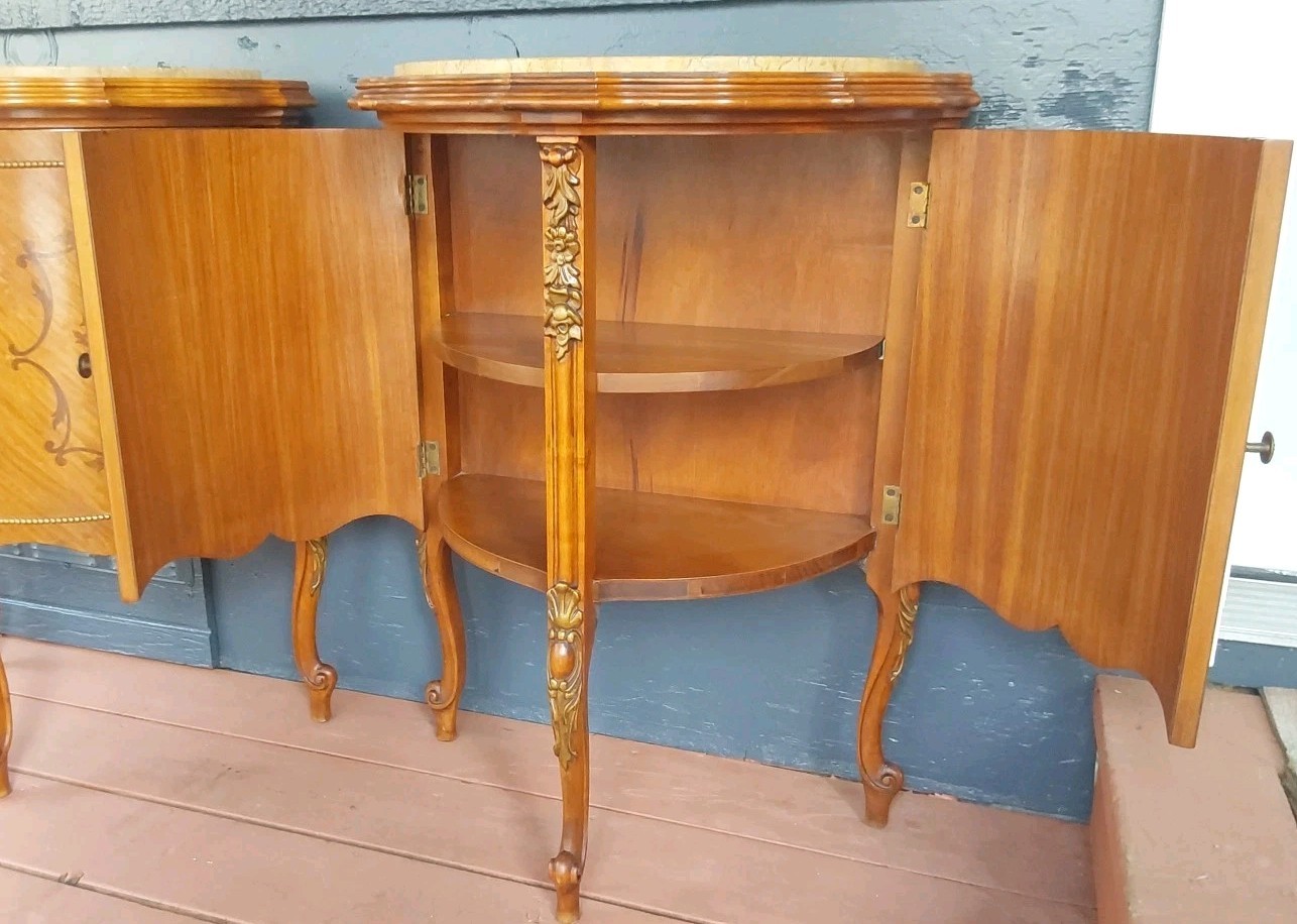 Vintage French Demilune Inlayed Wood End Tables w/Marble Tops 30 Tall X 23" Wide