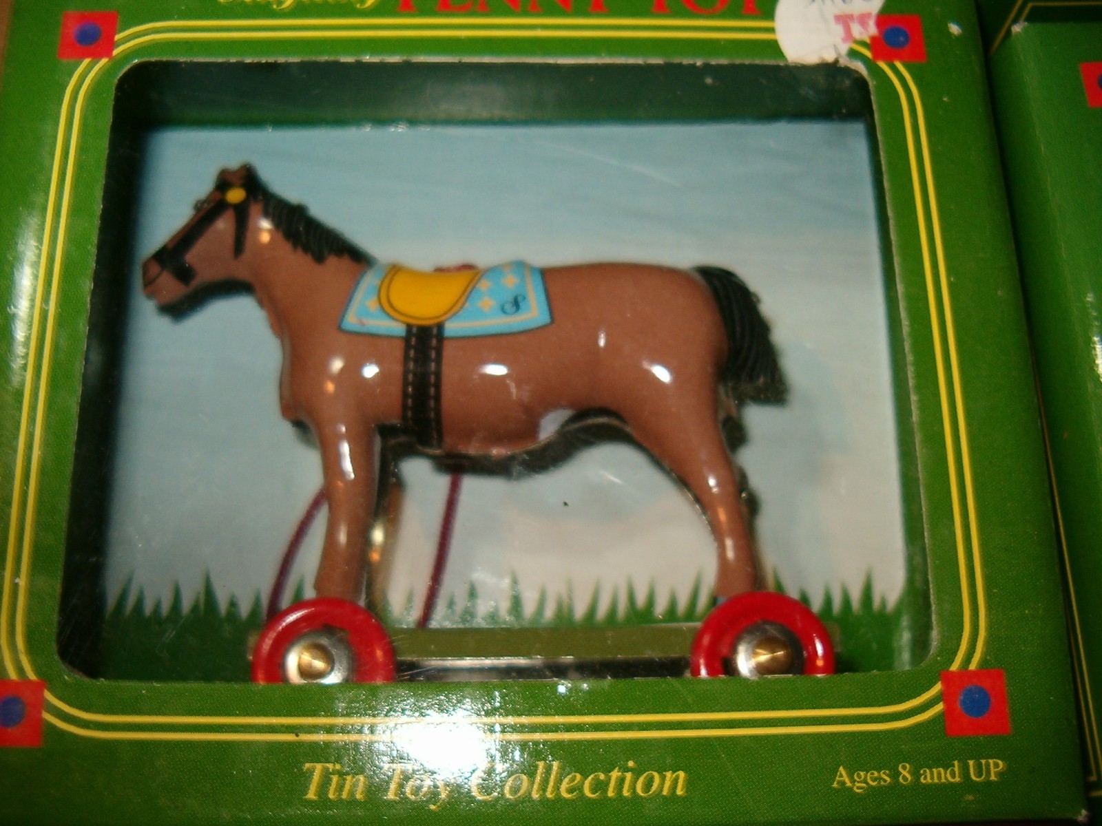 4 Schylling Penny Toy Tin Metal Horse on Wheels White, Rust, & 2 Brown 2003