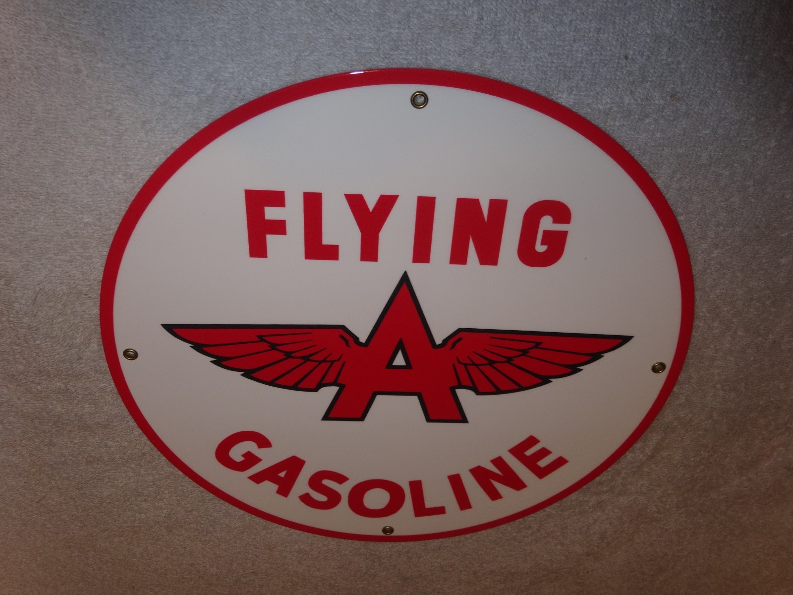 VINTAGE FLYING A GASOLINE WHITE 11 3/4" PORCELAIN METAL SERVICE STATION OIL SIGN