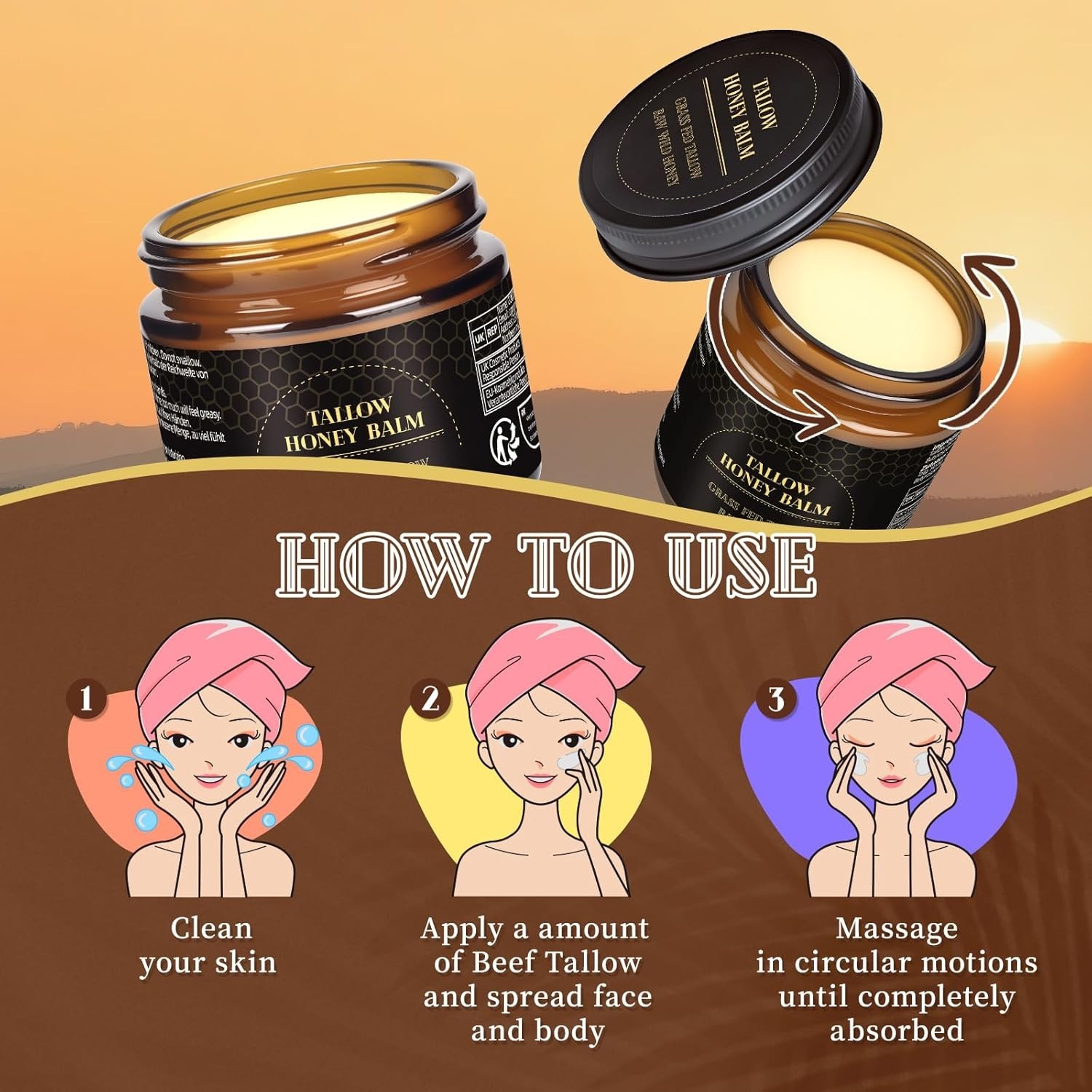 Beef Tallow for Skin, Tallow and Honey Balm for Face, Organic Grass-fed Beef