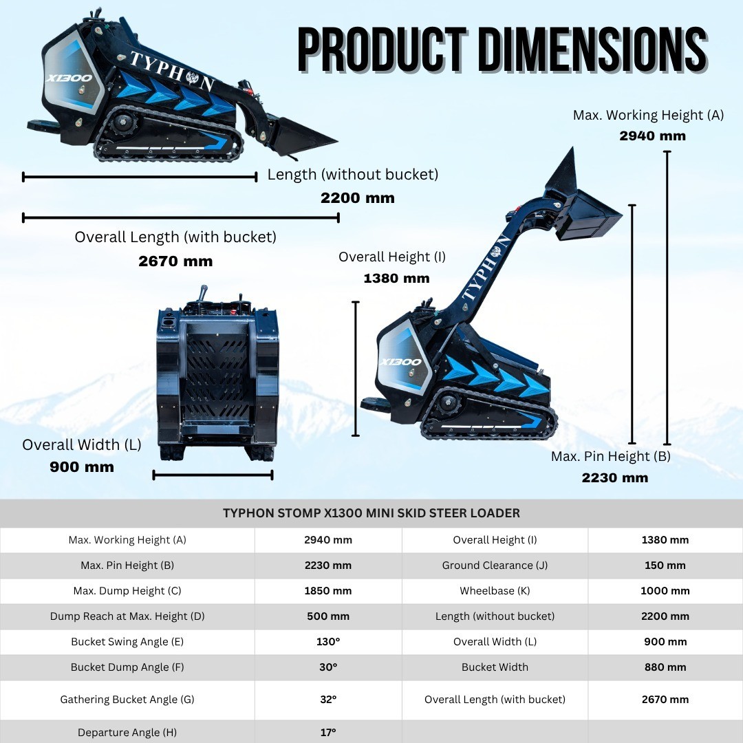 3040lbs TYPHON STOMP X1300 25HP Kubota D1105 EPA Diesel Mini Skid Steer Loader