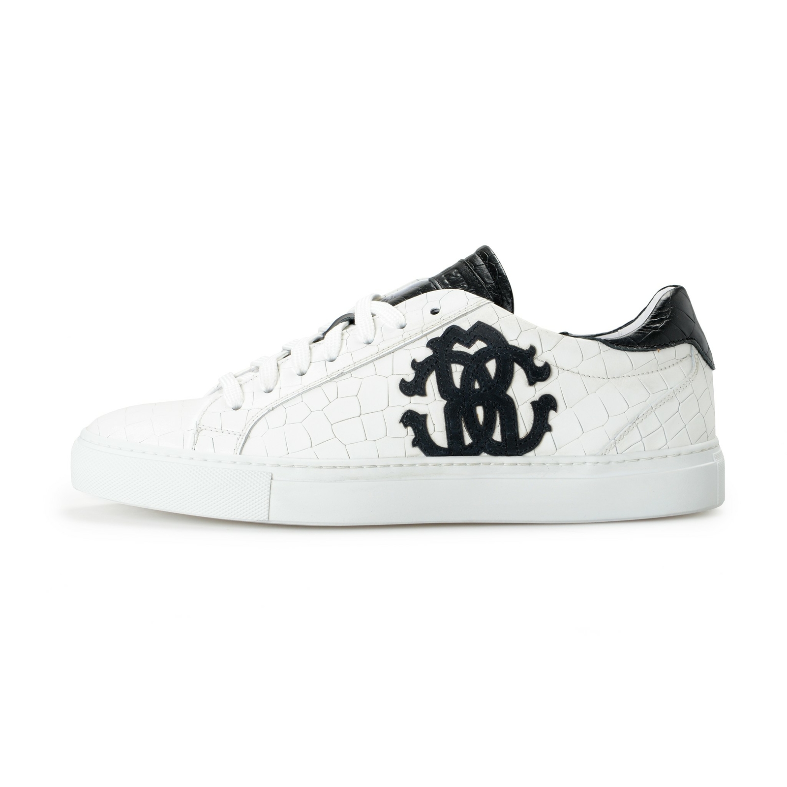 Roberto Cavalli Men's White Textured Leather Logo Print Fashion Sneakers Shoes