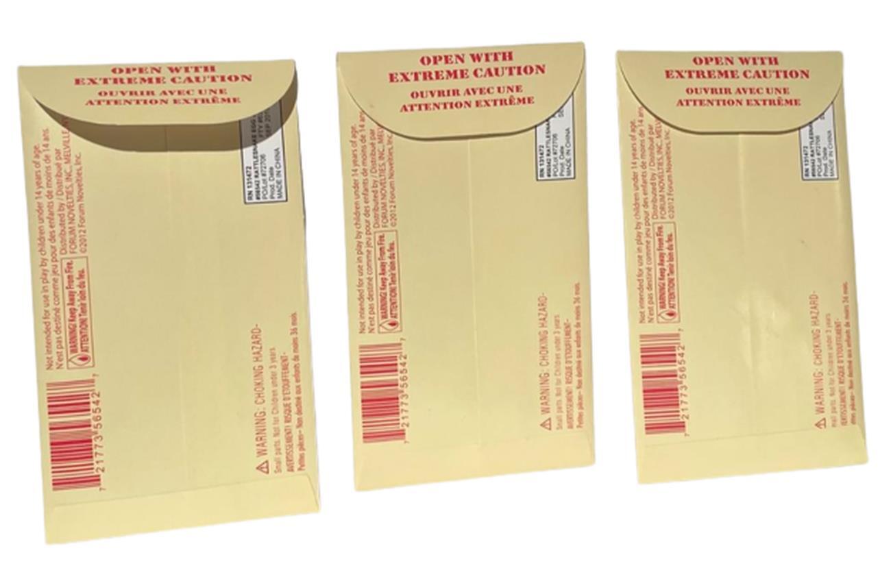 3 RATTLESNAKE EGGS JOKE Envelope Fake Snake Packs Trick Prank Gag Gift Fun Toy