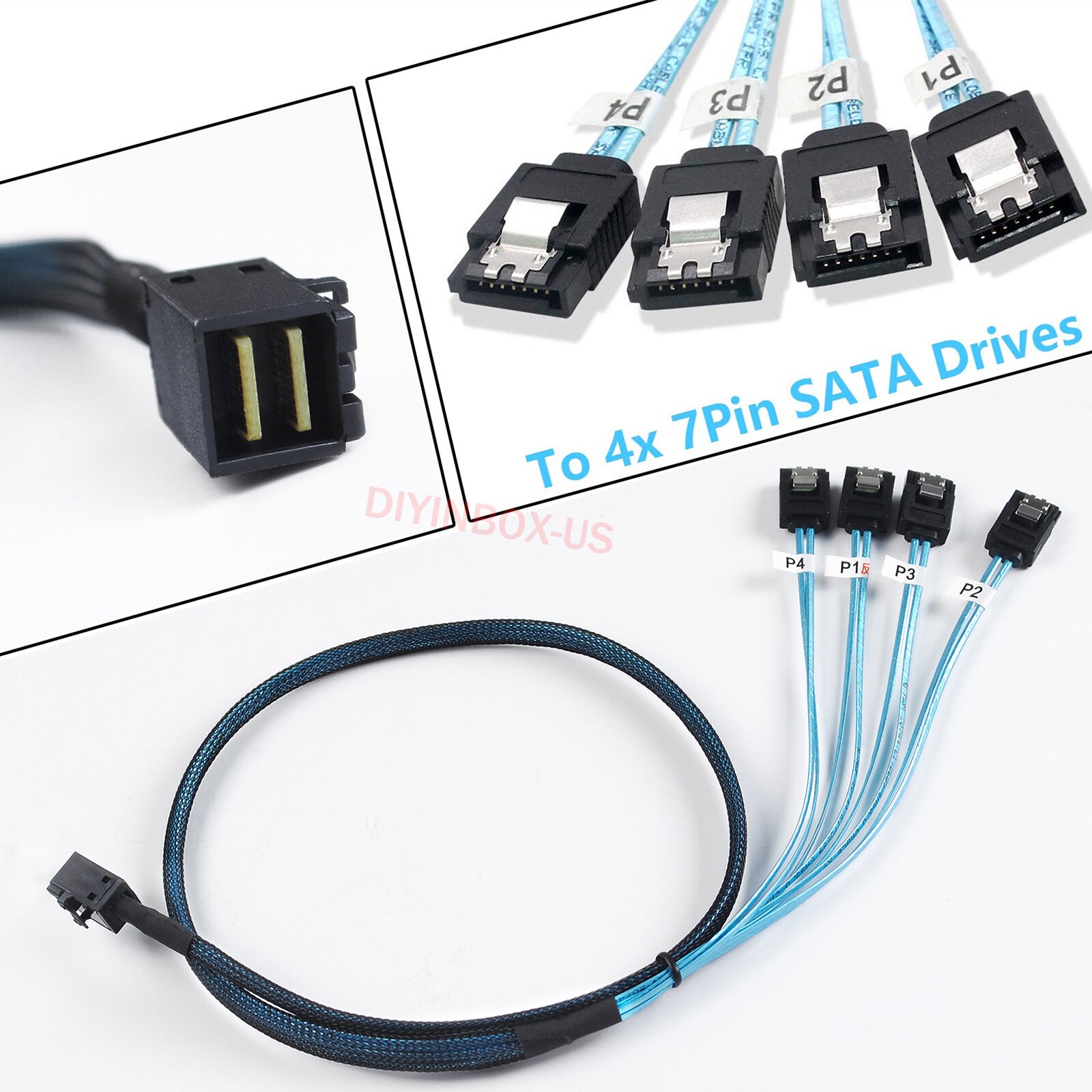 X2 Mini SAS SFF 8643 36pin to Mini 4X SATA 7Pin HD Reverse Breakout Cable 12Gb/s