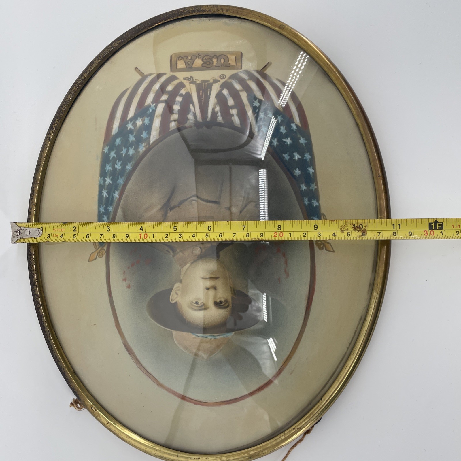 Vintage WW1 Convex Glass Soldier Military Portrait US Army Oval Frame - 14”x11”