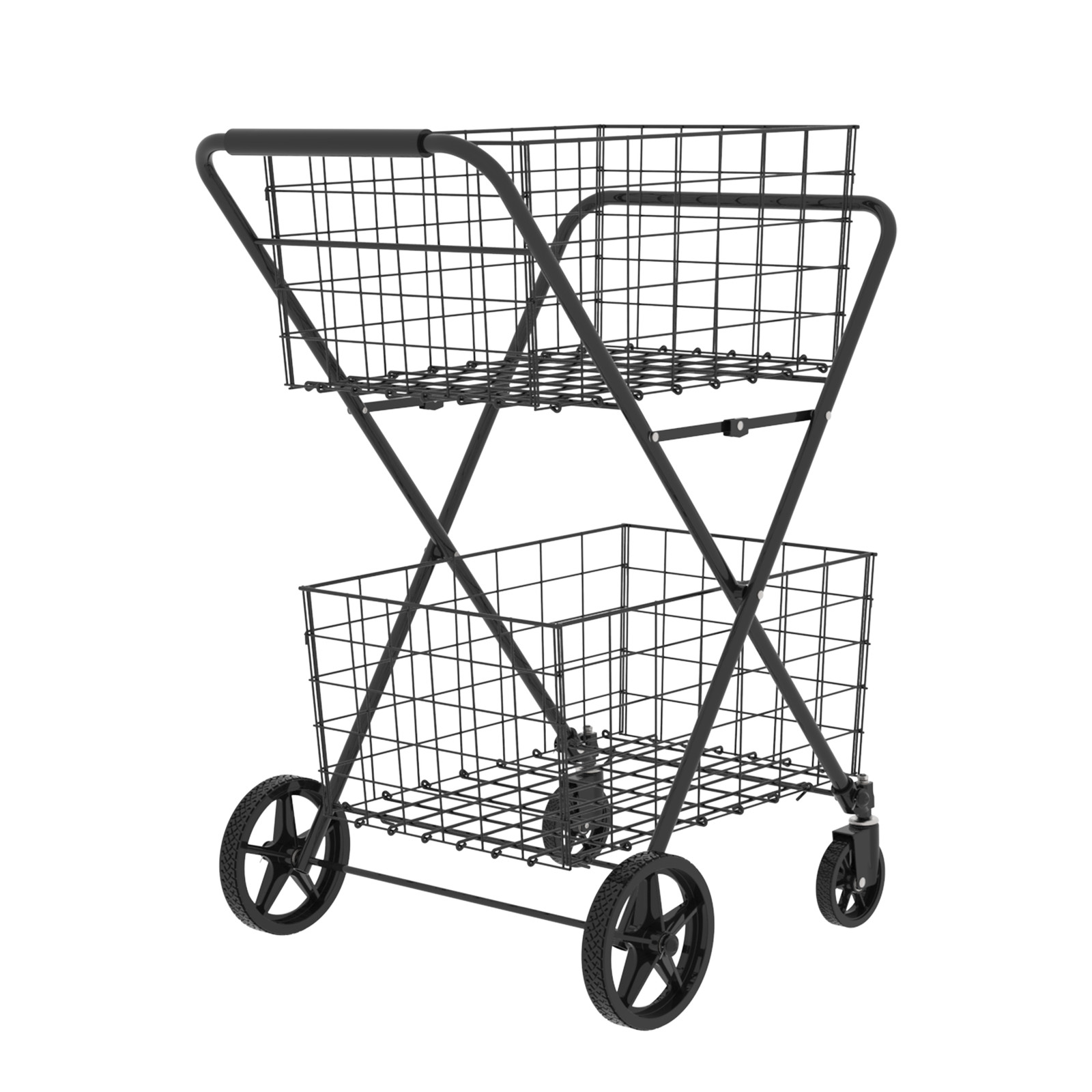 2-Tier Shopping Cart Foldable Grocery Cart Wheels Removable Storage Basket
