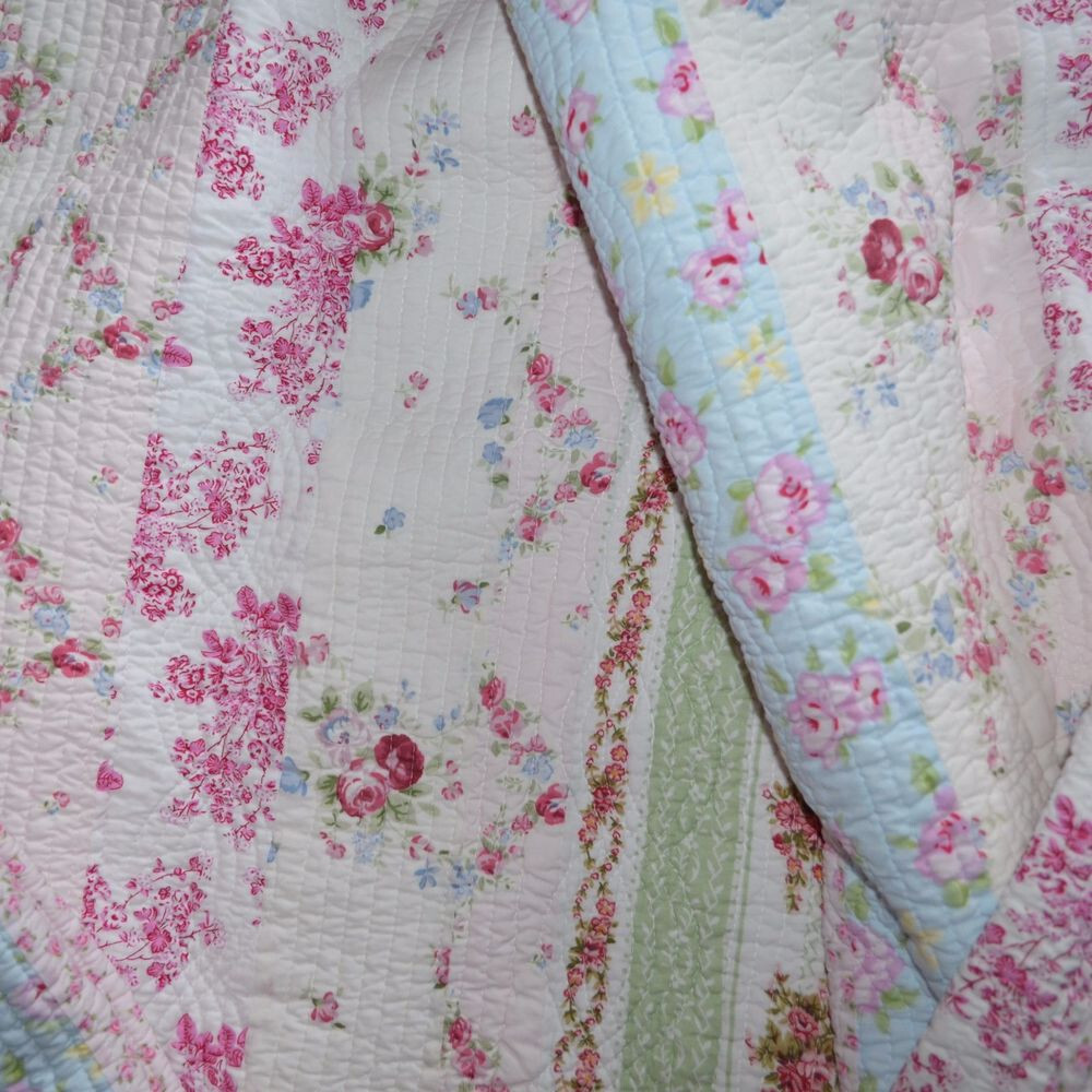 COZY COTTAGE WILD ROSE 3pc Queen QUILT SET : COTTON VINTAGE PINK GREEN BLUE